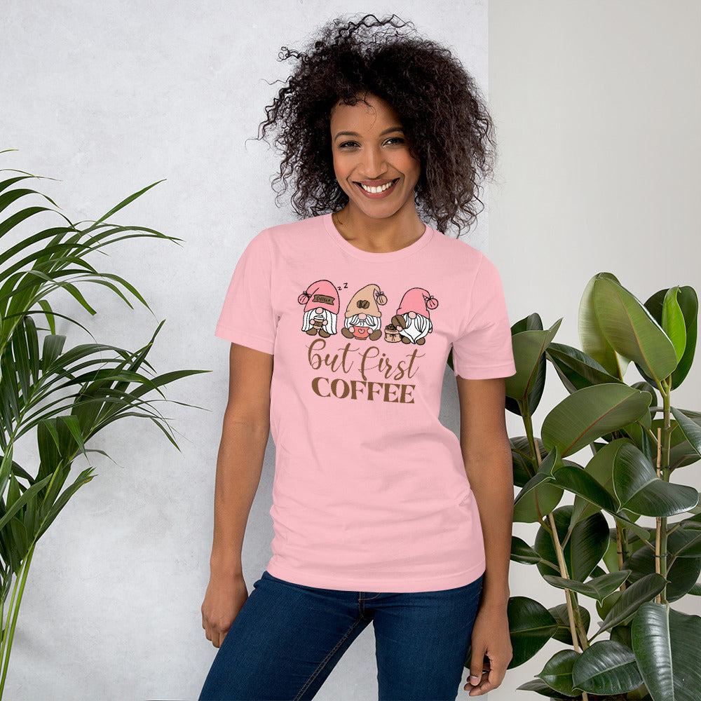But First Coffee Gnomes, Gnomes Drinking Coffee, Coffee Lover Unisex t-shirt