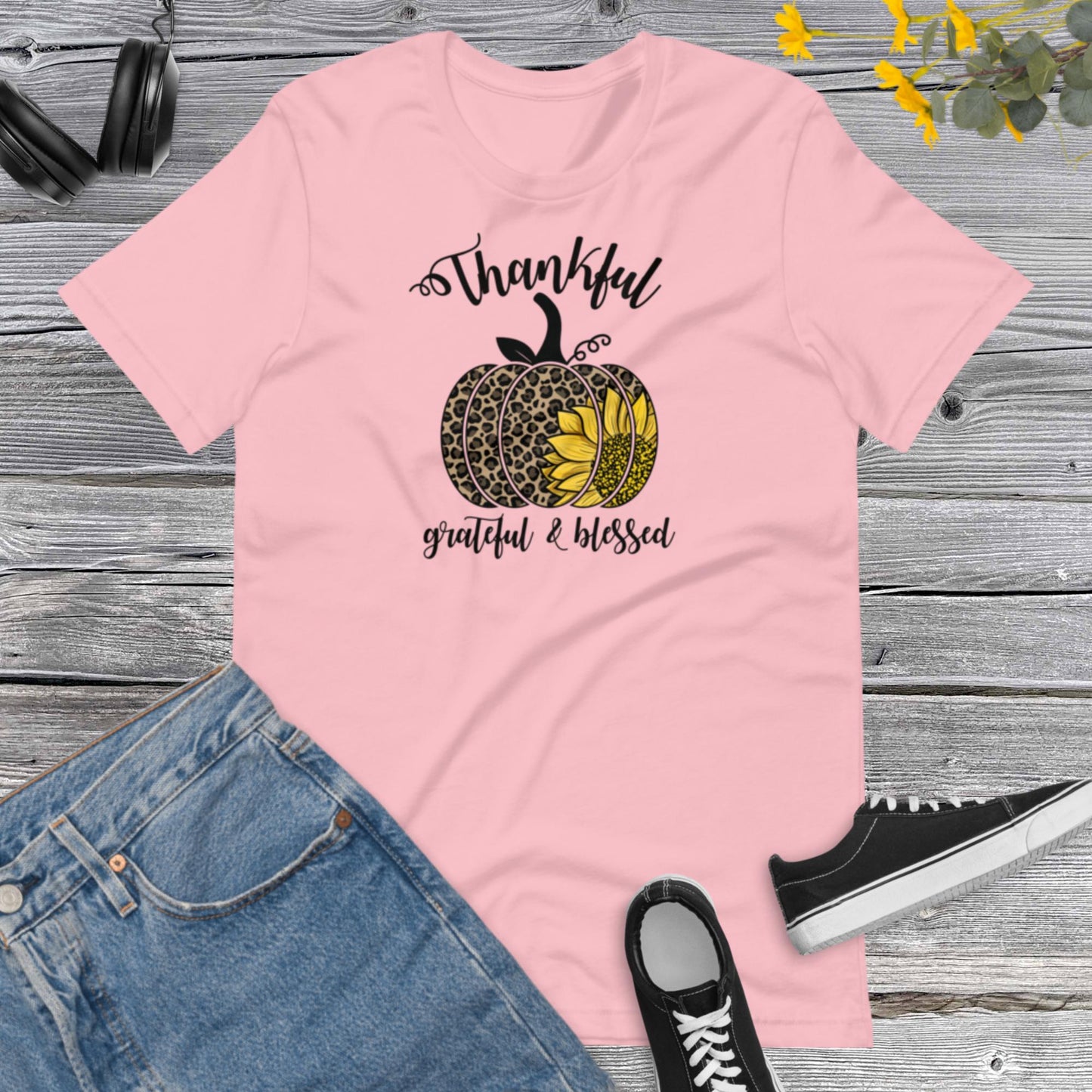 Thankful Grateful & Blessed Pumpkin Sunflower, Happy Fall Shirt, Leopard Pumpkin Shirt, Fall Shirt, Thanksgiving Gift Unisex t-shirt