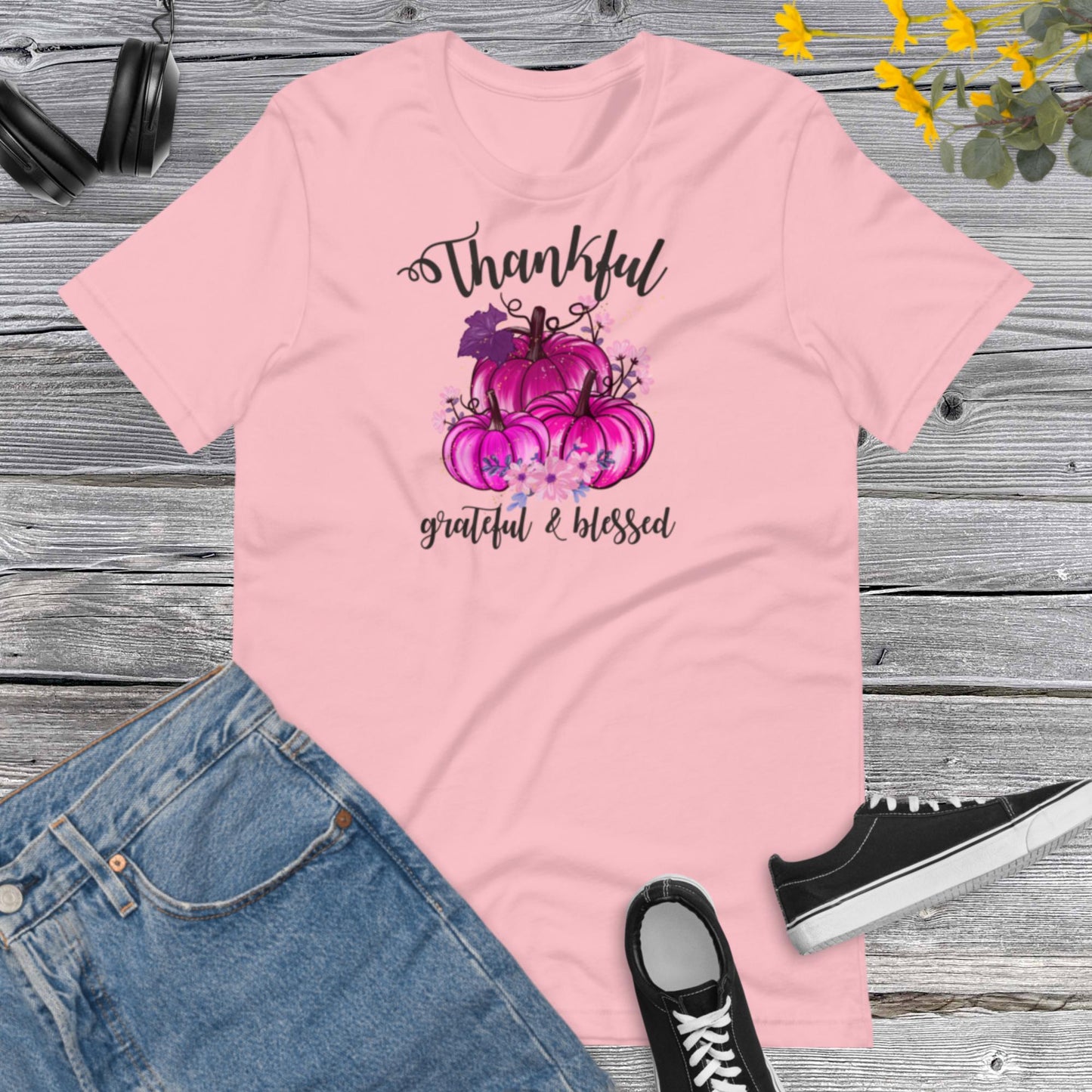 Thankful Grateful & Blessed Pumpkins Pink, Happy Fall Shirt, Flowers Pumpkin Pink Shirt, Fall Shirt, Family Thanksgiving Unisex t-shirt