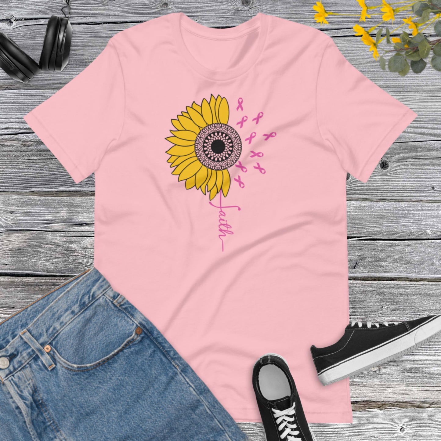 Awareness Sunflower Faith, Breast Cancer, Vertical Cross, Faith Cross, Floral Shirt, Inspirational Unisex t-shirt