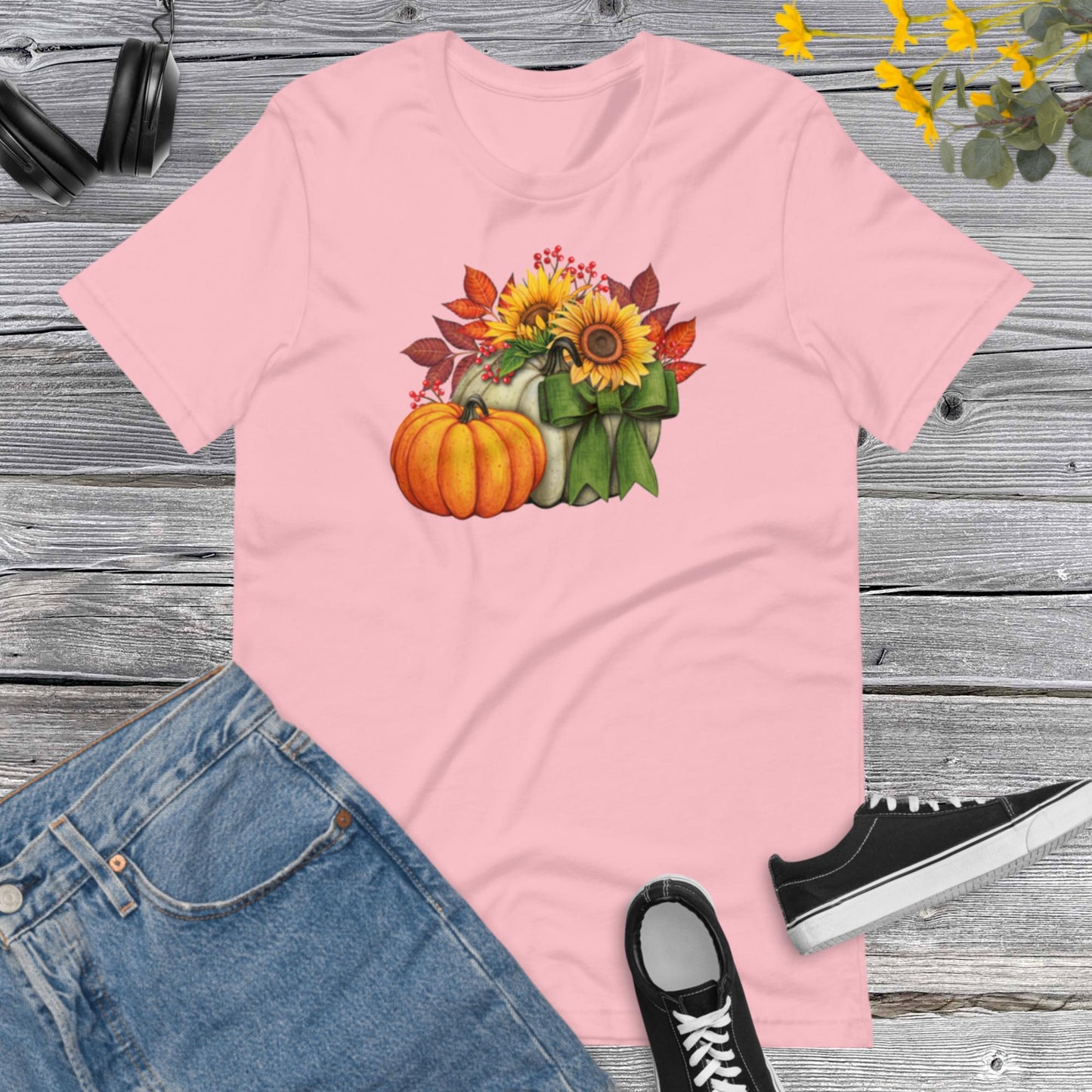 Watercolor Pumpkins Sunflowers, Pretty Fall Watercolor Pumpkins, Hello Fall, Green and Orange Pumpkins Design Unisex t-shirt