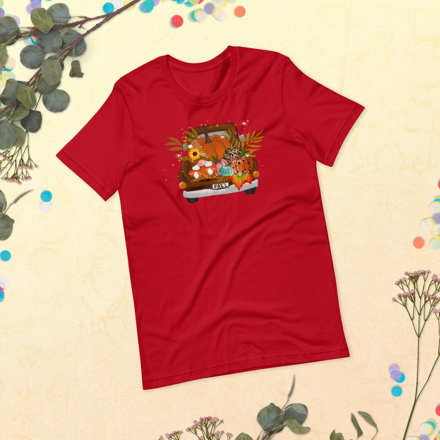 Fall Harvest on pickup Truck, Fall Gnomes Truck, Sunflowers Gnome, Thanksgiving, Pumpkin Unisex t-shirt
