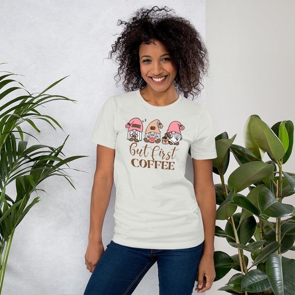 But First Coffee Gnomes, Gnomes Drinking Coffee, Coffee Lover Unisex t-shirt