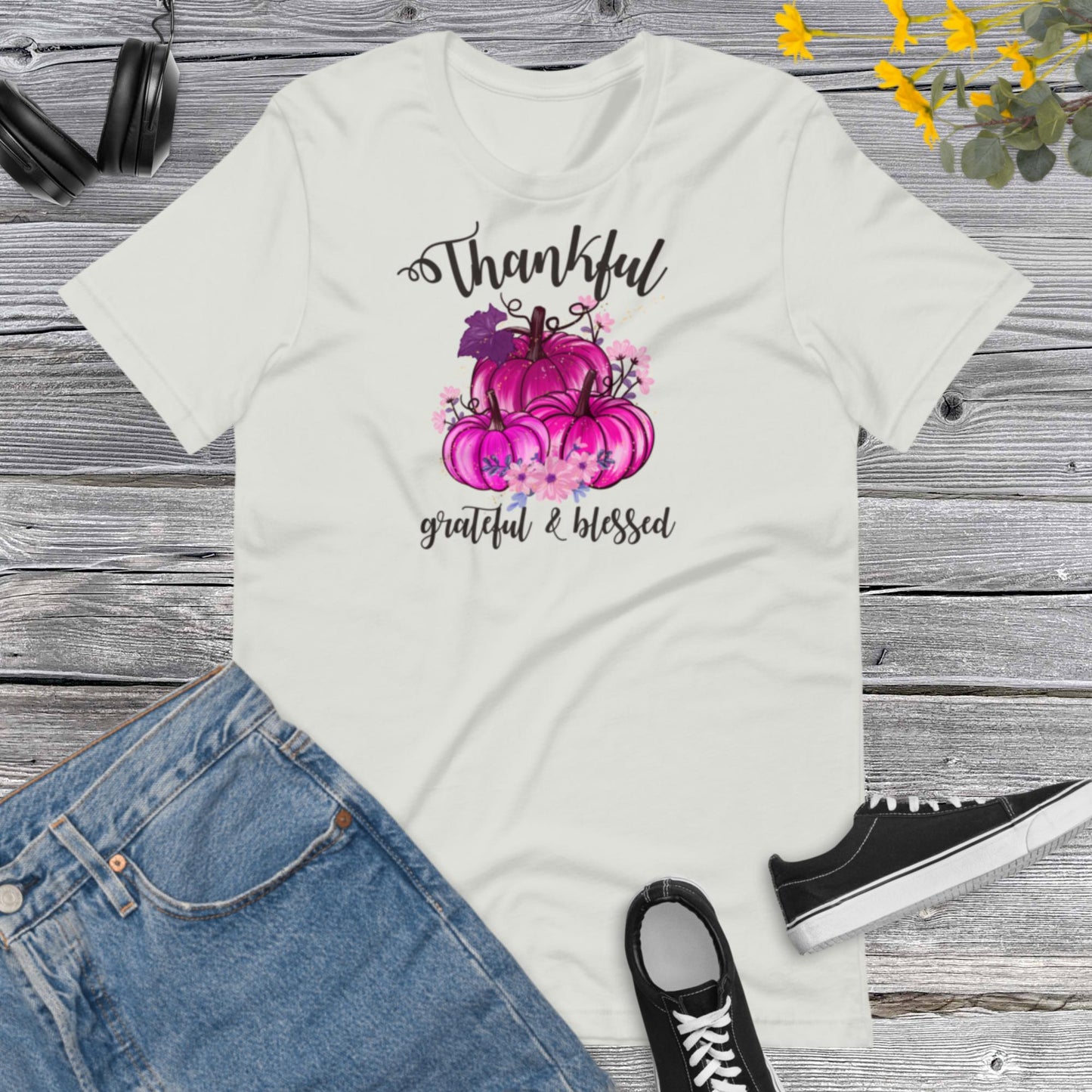 Thankful Grateful & Blessed Pumpkins Pink, Happy Fall Shirt, Flowers Pumpkin Pink Shirt, Fall Shirt, Family Thanksgiving Unisex t-shirt