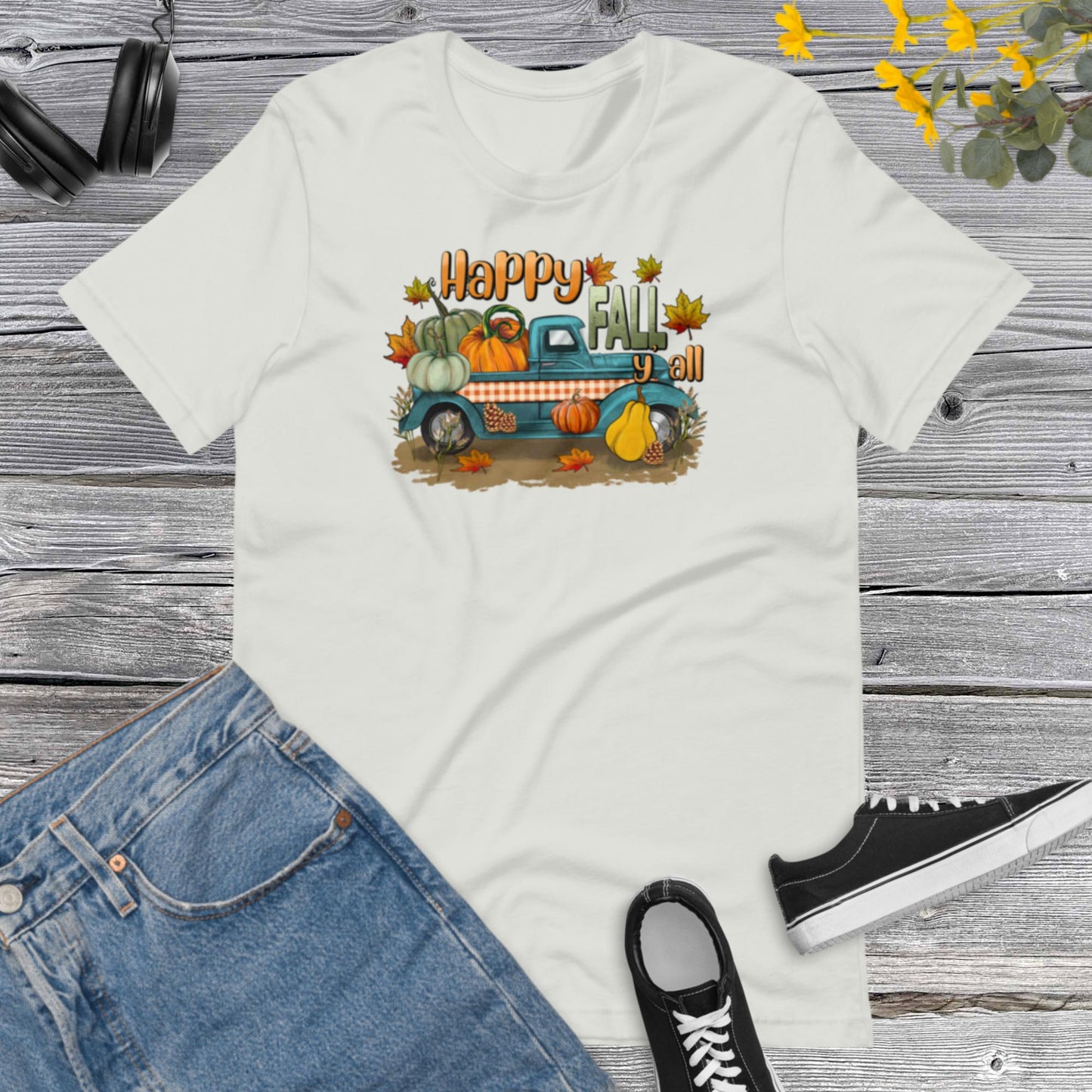 Happy Fall Y all, Fall Harvest on pickup Truck, Fall Truck, Flowers Pumpkin, Thanksgiving, Pumpkins Unisex t-shirt