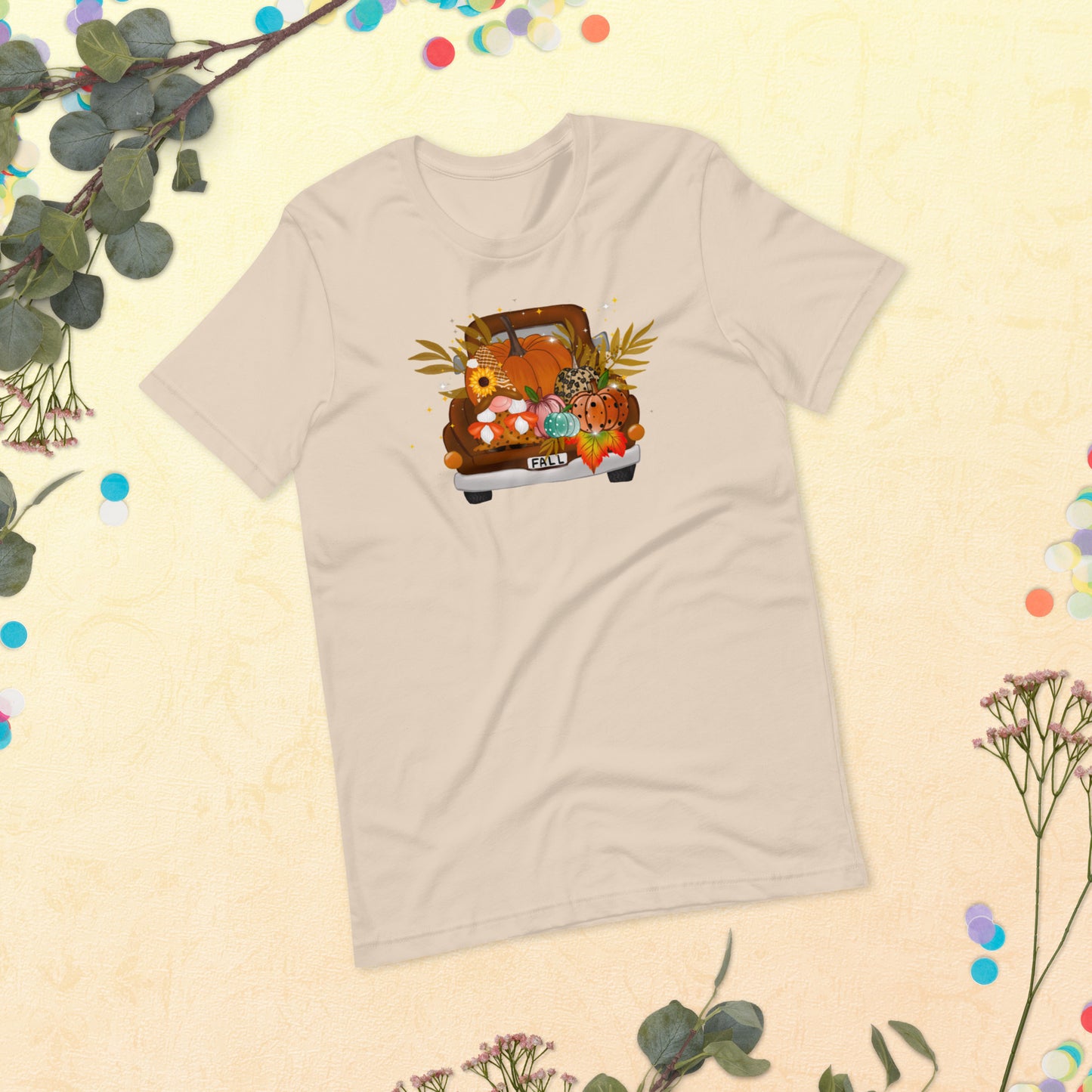 Fall Harvest on pickup Truck, Fall Gnomes Truck, Sunflowers Gnome, Thanksgiving, Pumpkin Unisex t-shirt