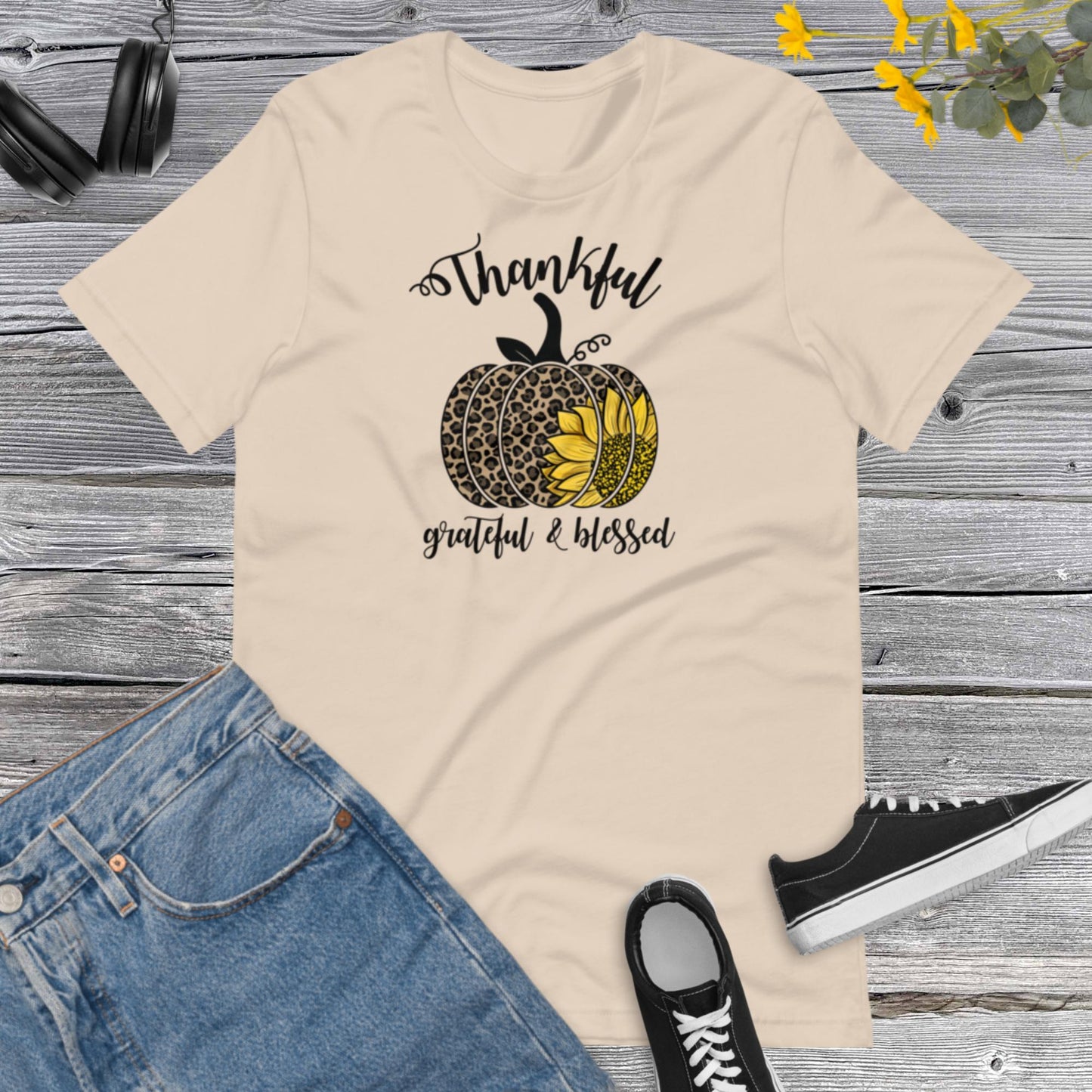 Thankful Grateful & Blessed Pumpkin Sunflower, Happy Fall Shirt, Leopard Pumpkin Shirt, Fall Shirt, Thanksgiving Gift Unisex t-shirt