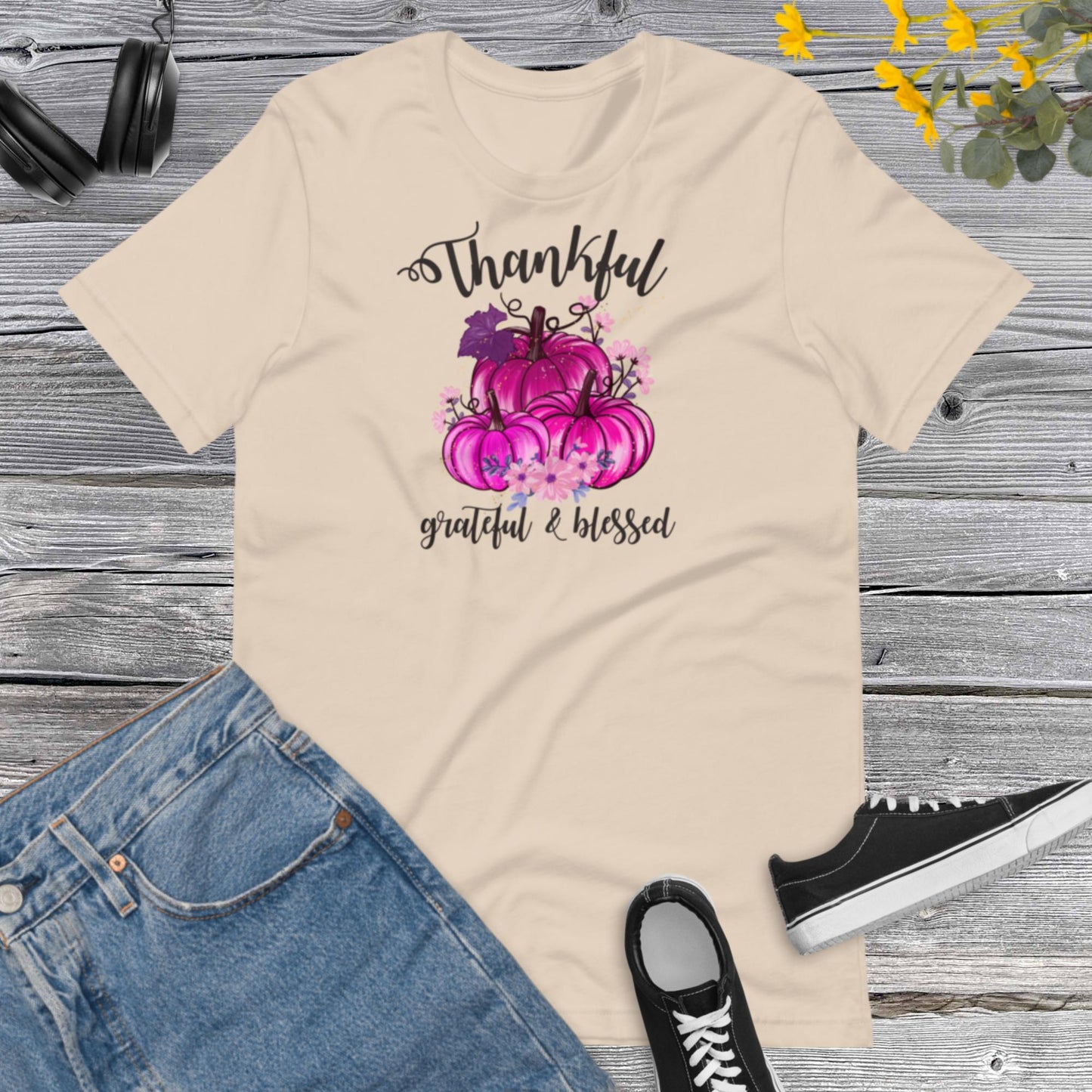 Thankful Grateful & Blessed Pumpkins Pink, Happy Fall Shirt, Flowers Pumpkin Pink Shirt, Fall Shirt, Family Thanksgiving Unisex t-shirt