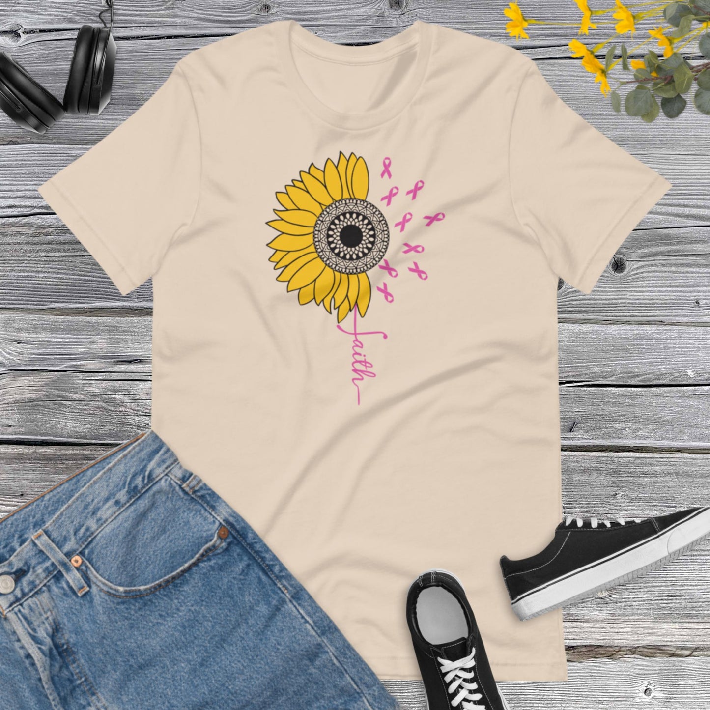 Awareness Sunflower Faith, Breast Cancer, Vertical Cross, Faith Cross, Floral Shirt, Inspirational Unisex t-shirt
