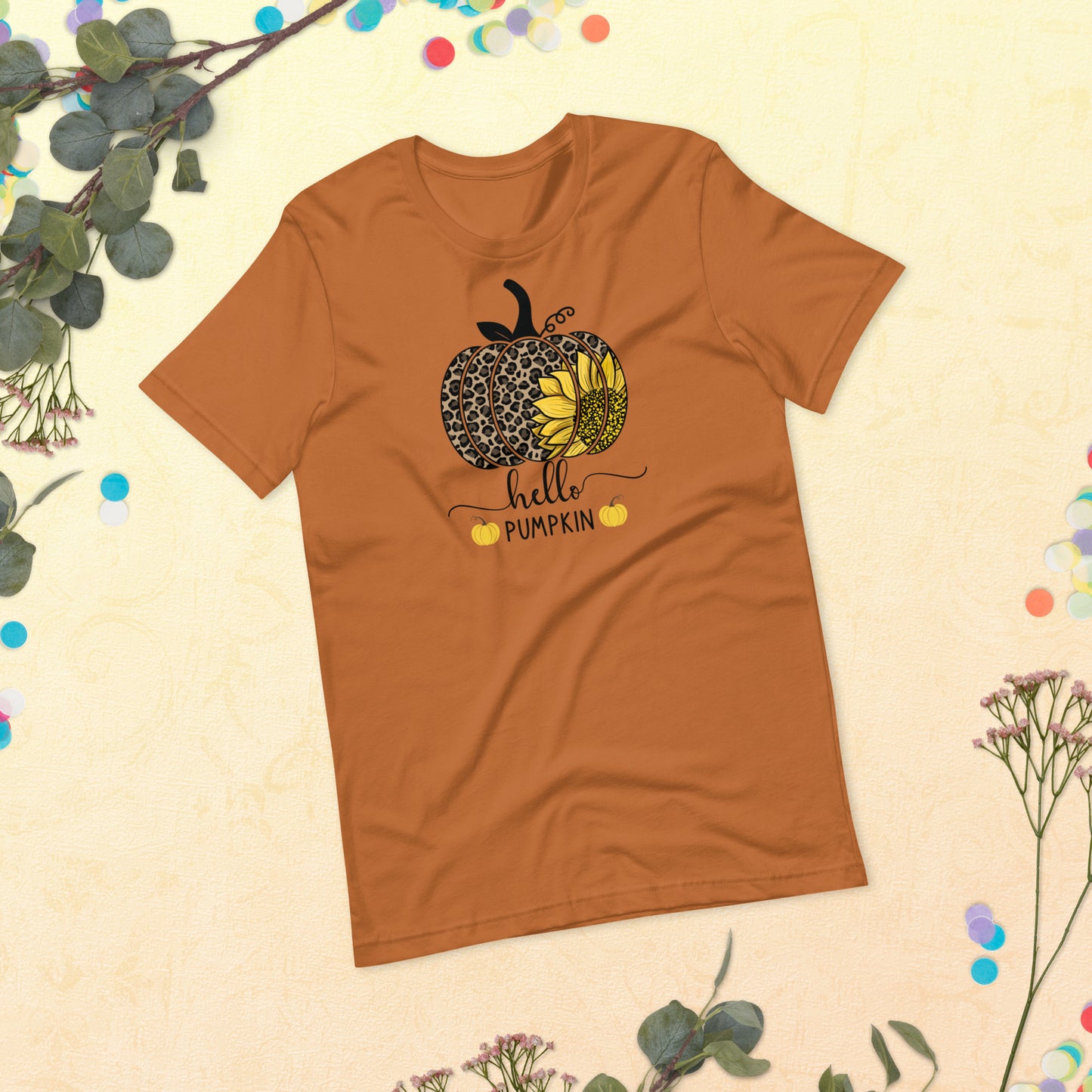 Hello Pumpkin Sunflower, Happy Fall Shirt, Leopard Pumpkin Shirt, Fall Shirt, Thanksgiving Unisex t-shirt