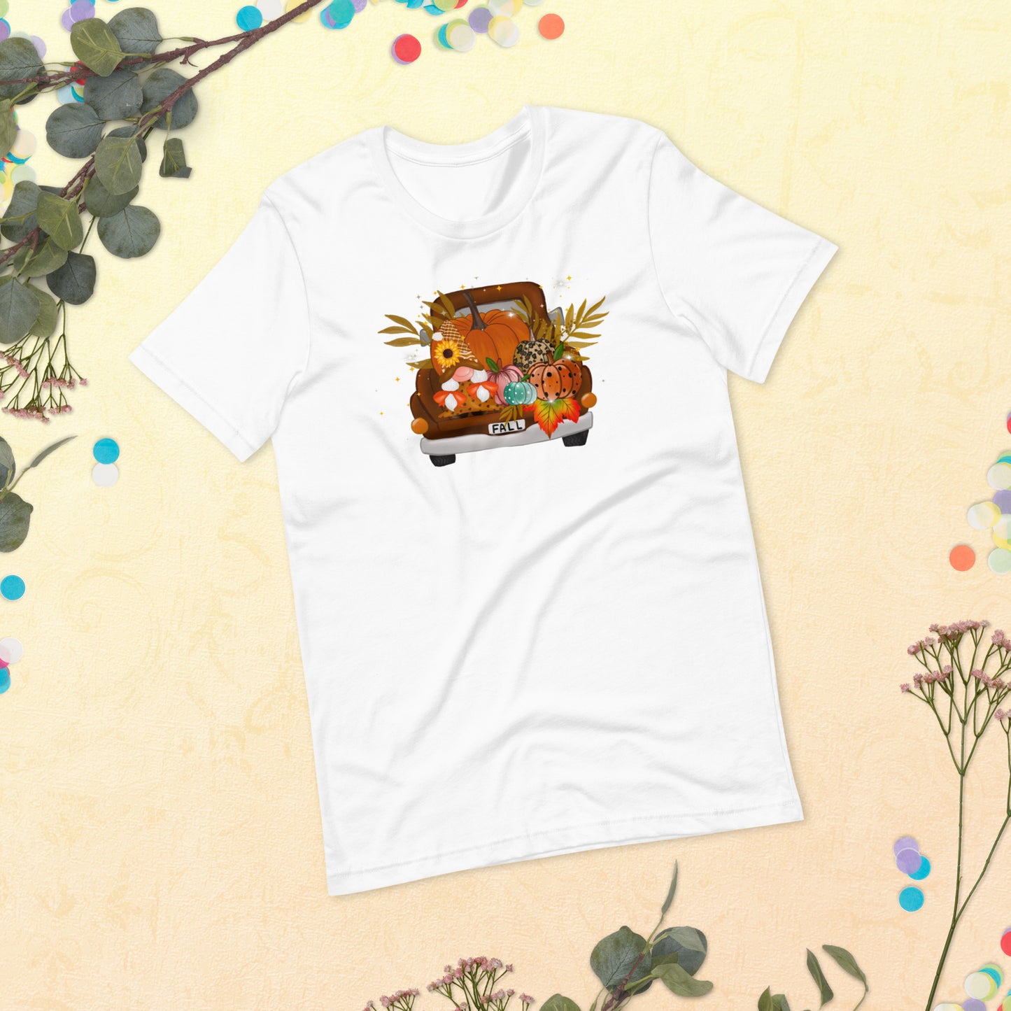 Fall Harvest on pickup Truck, Fall Gnomes Truck, Sunflowers Gnome, Thanksgiving, Pumpkin Unisex t-shirt