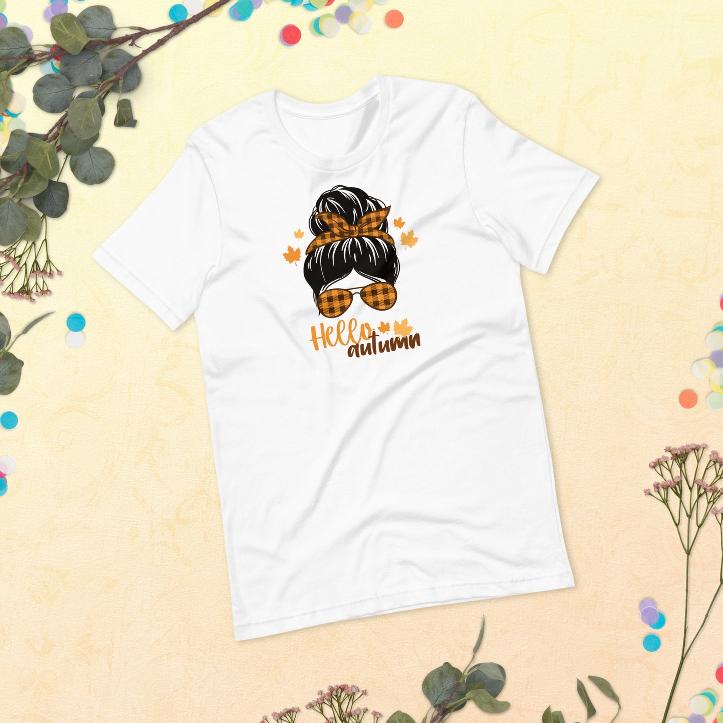 Hello Autum Messy Bun, Fall Women Shirt, Thankful Women Unisex t-shirt