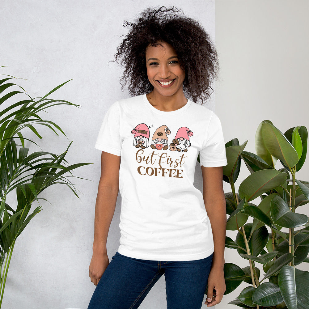 But First Coffee Gnomes, Gnomes Drinking Coffee, Coffee Lover Unisex t-shirt
