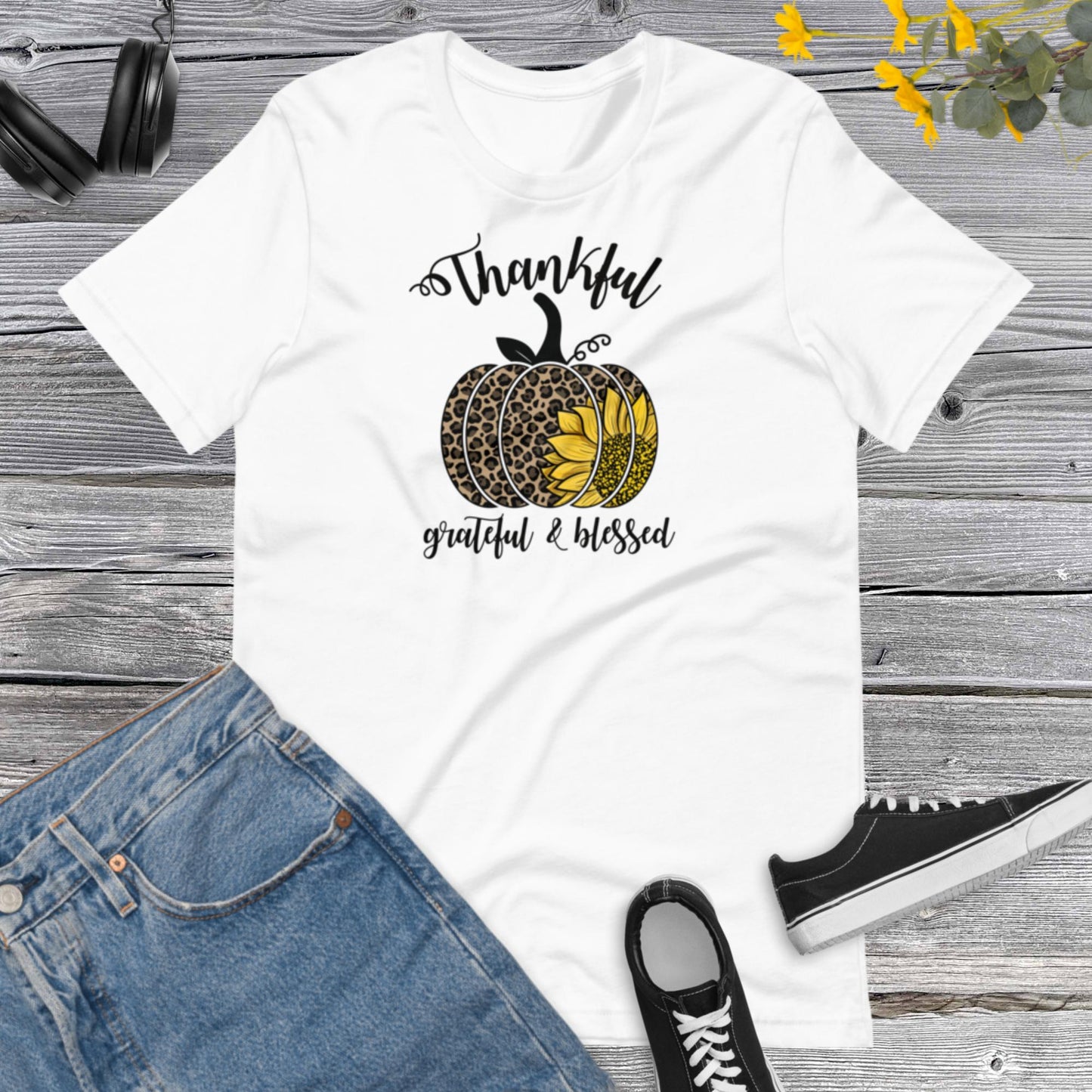 Thankful Grateful & Blessed Pumpkin Sunflower, Happy Fall Shirt, Leopard Pumpkin Shirt, Fall Shirt, Thanksgiving Gift Unisex t-shirt