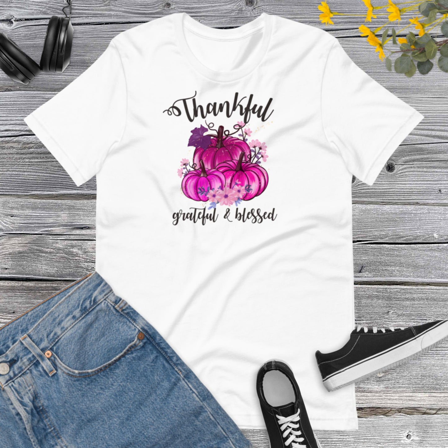 Thankful Grateful & Blessed Pumpkins Pink, Happy Fall Shirt, Flowers Pumpkin Pink Shirt, Fall Shirt, Family Thanksgiving Unisex t-shirt