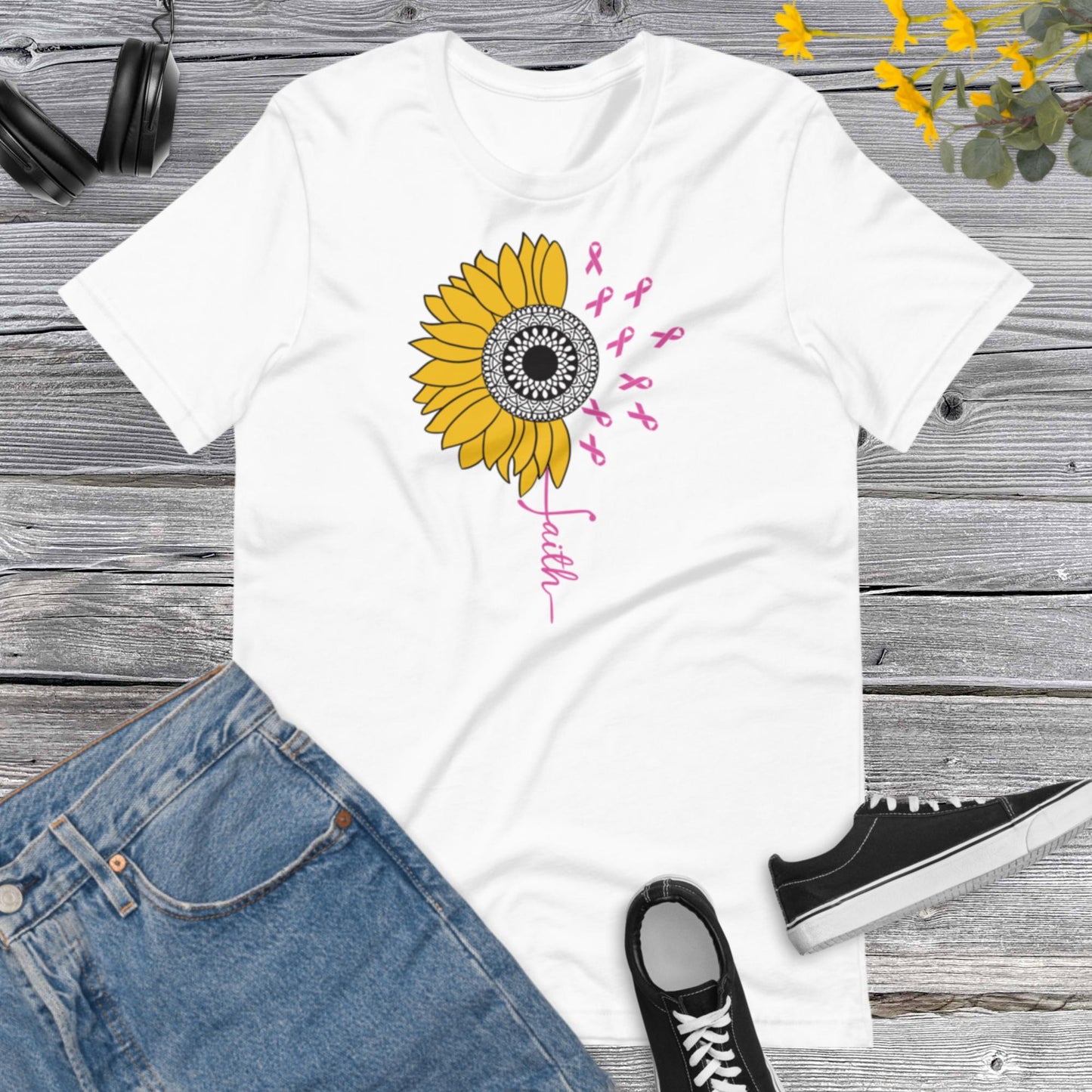 Awareness Sunflower Faith, Breast Cancer, Vertical Cross, Faith Cross, Floral Shirt, Inspirational Unisex t-shirt