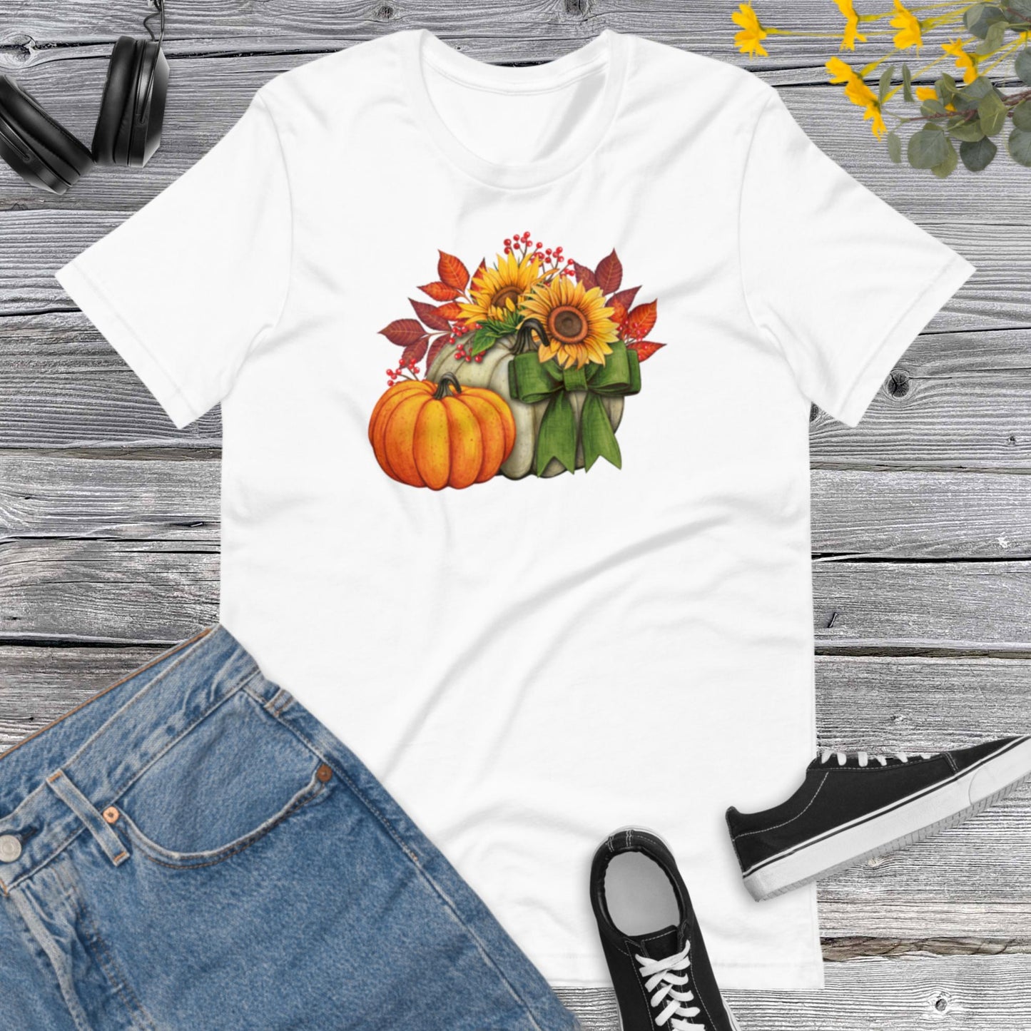 Watercolor Pumpkins Sunflowers, Pretty Fall Watercolor Pumpkins, Hello Fall, Green and Orange Pumpkins Design Unisex t-shirt