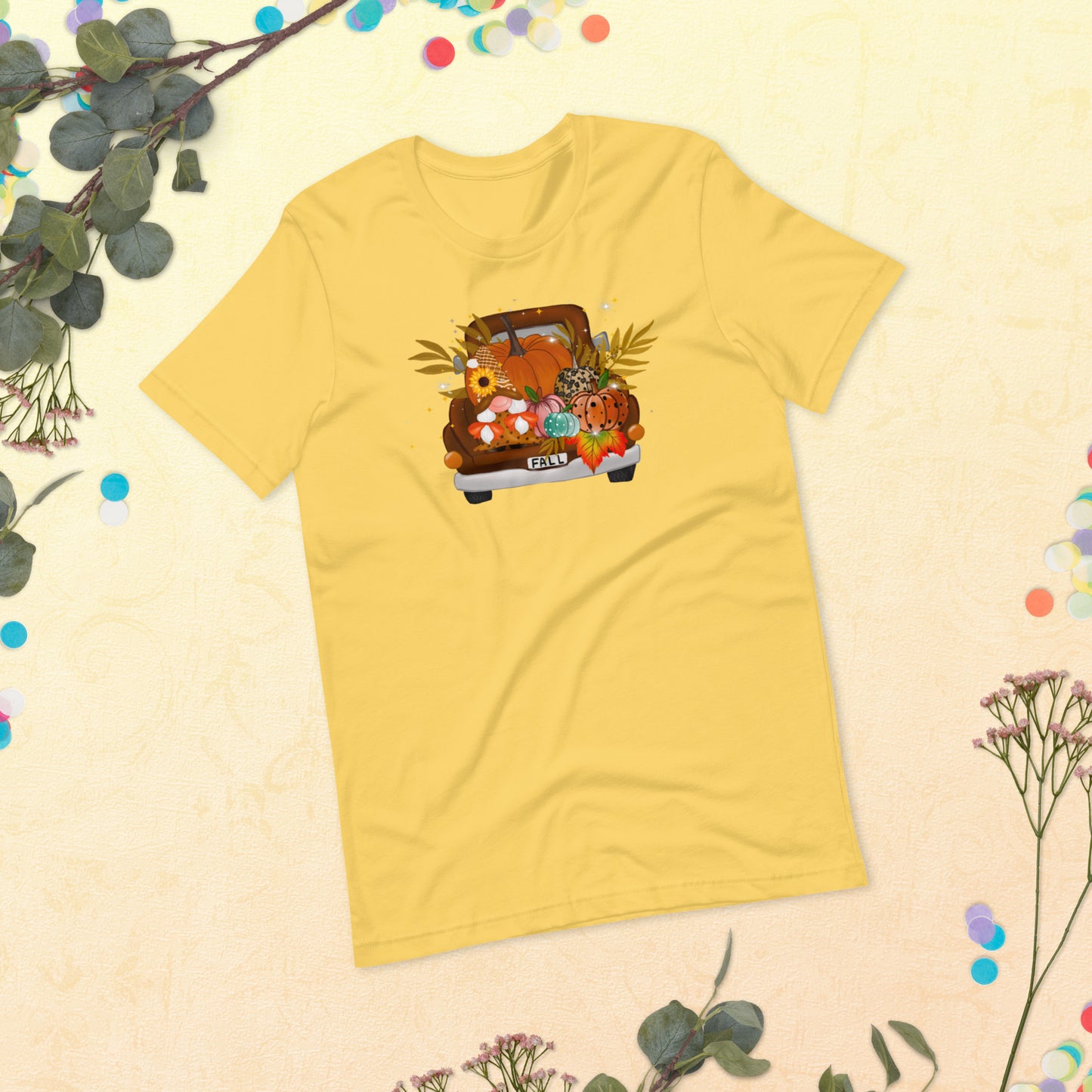 Fall Harvest on pickup Truck, Fall Gnomes Truck, Sunflowers Gnome, Thanksgiving, Pumpkin Unisex t-shirt