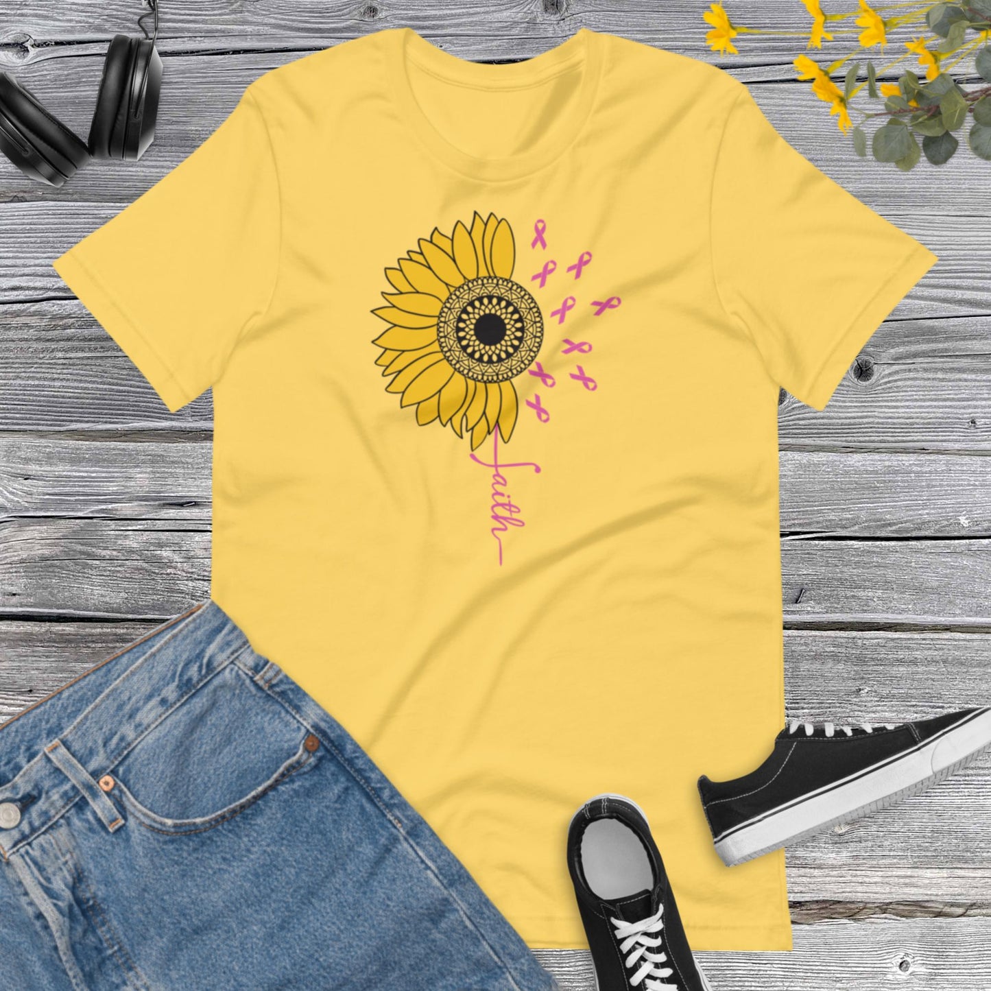 Awareness Sunflower Faith, Breast Cancer, Vertical Cross, Faith Cross, Floral Shirt, Inspirational Unisex t-shirt