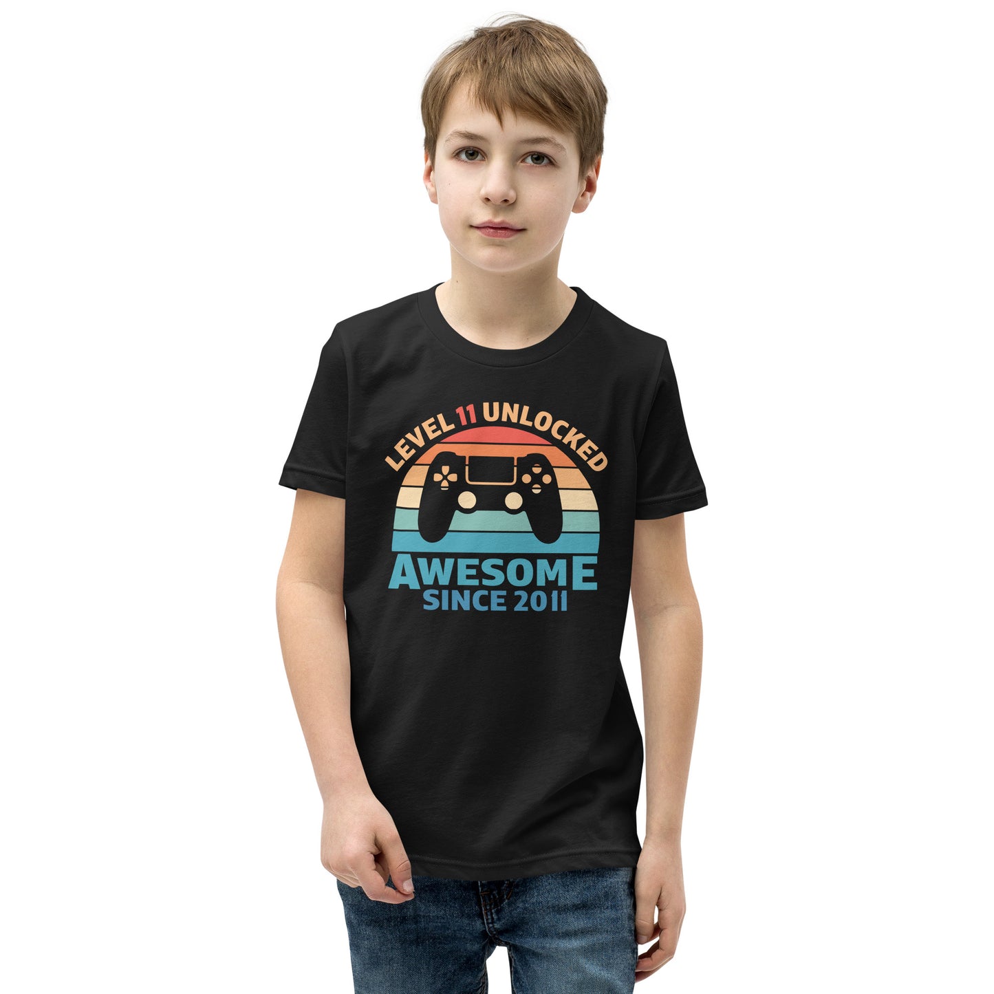 Retro Vintage Level 11 Unlocked t-shirt, 11th Birthday, Video Game shirt, Video Game Controller Joystick, Youth Short Sleeve T-Shirt