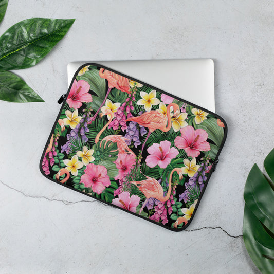 Colorful Watercolor Famingos and Flowers seamless patern, Tropical Flowers, Print Flower, Nature Garden, Hawaiian Laptop Sleeve