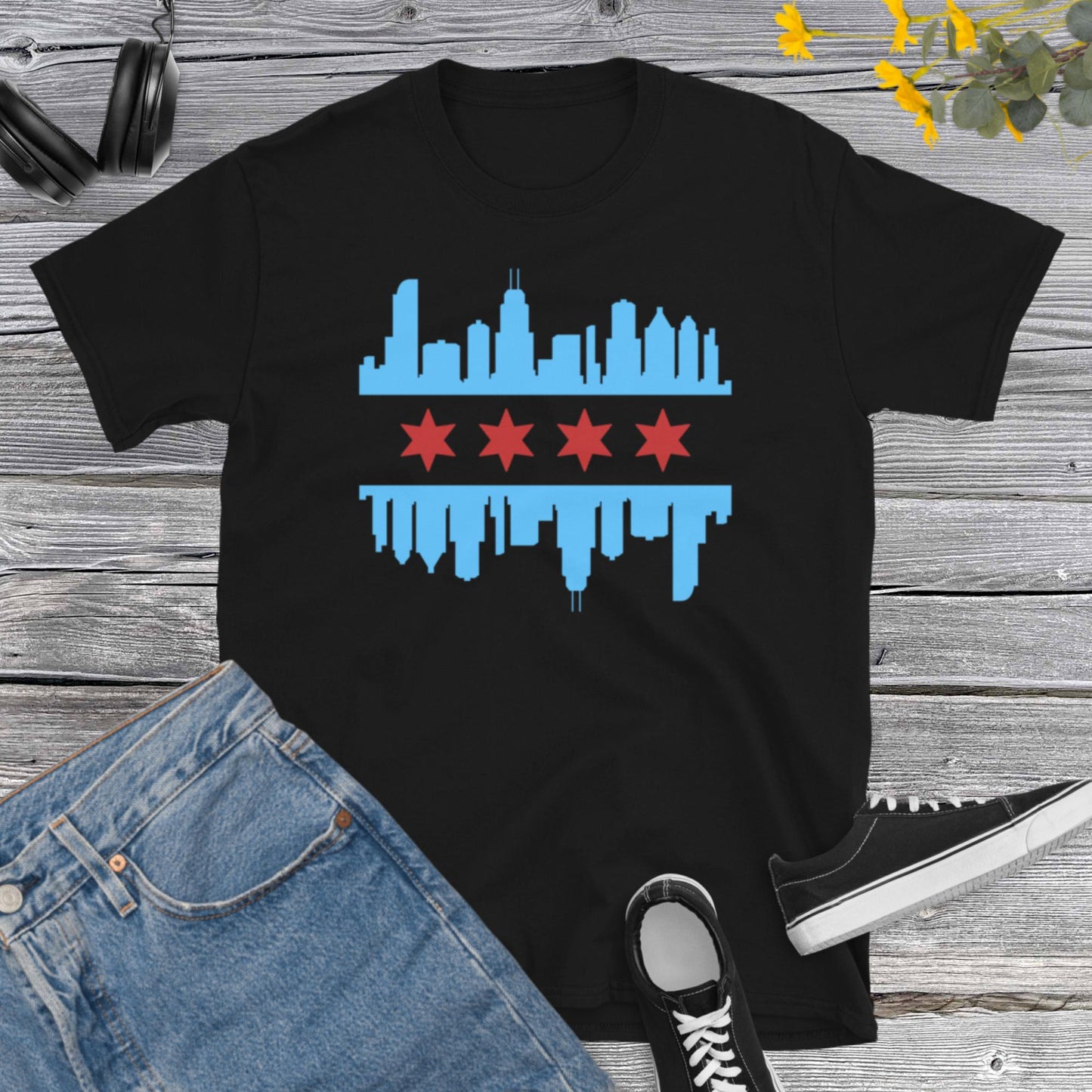 CHICAGO FLAG SKYLINE, Chicago City T-Shirt, Chicago Skyline tee, Chicago Lover Gift, Chicago Illinois gift, Short-Sleeve Unisex T-Shirt