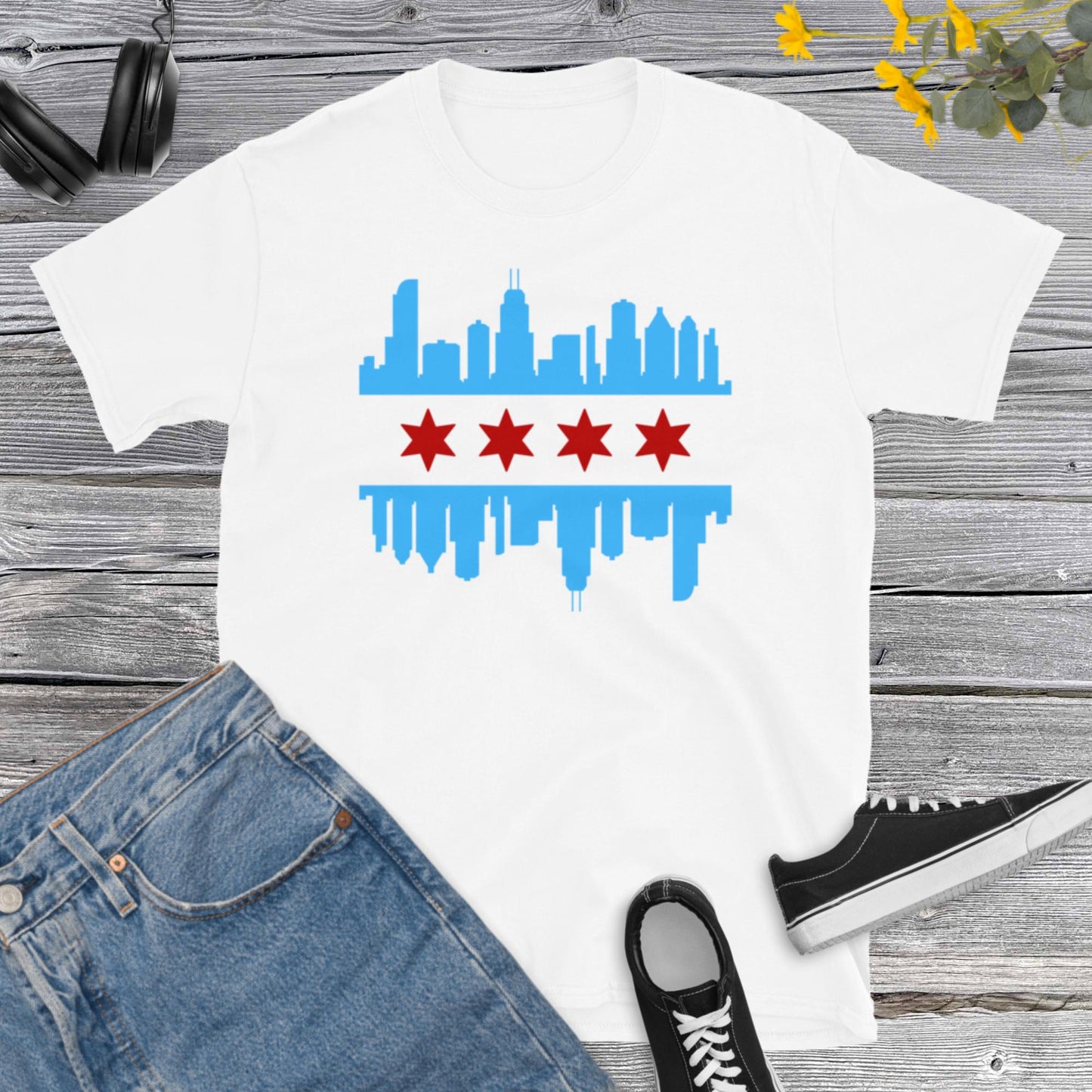 CHICAGO FLAG SKYLINE, Chicago City T-Shirt, Chicago Skyline tee, Chicago Lover Gift, Chicago Illinois gift, Short-Sleeve Unisex T-Shirt