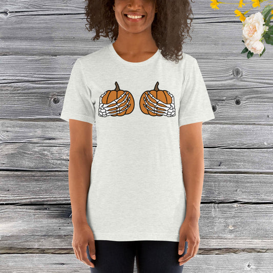 Pumpkin Boobies Shirt, Skeleton Hands Shirt, Funny Halloween Shirt, Thanksgiving Boobies Shirt, Skeleton Unisex t-shirt