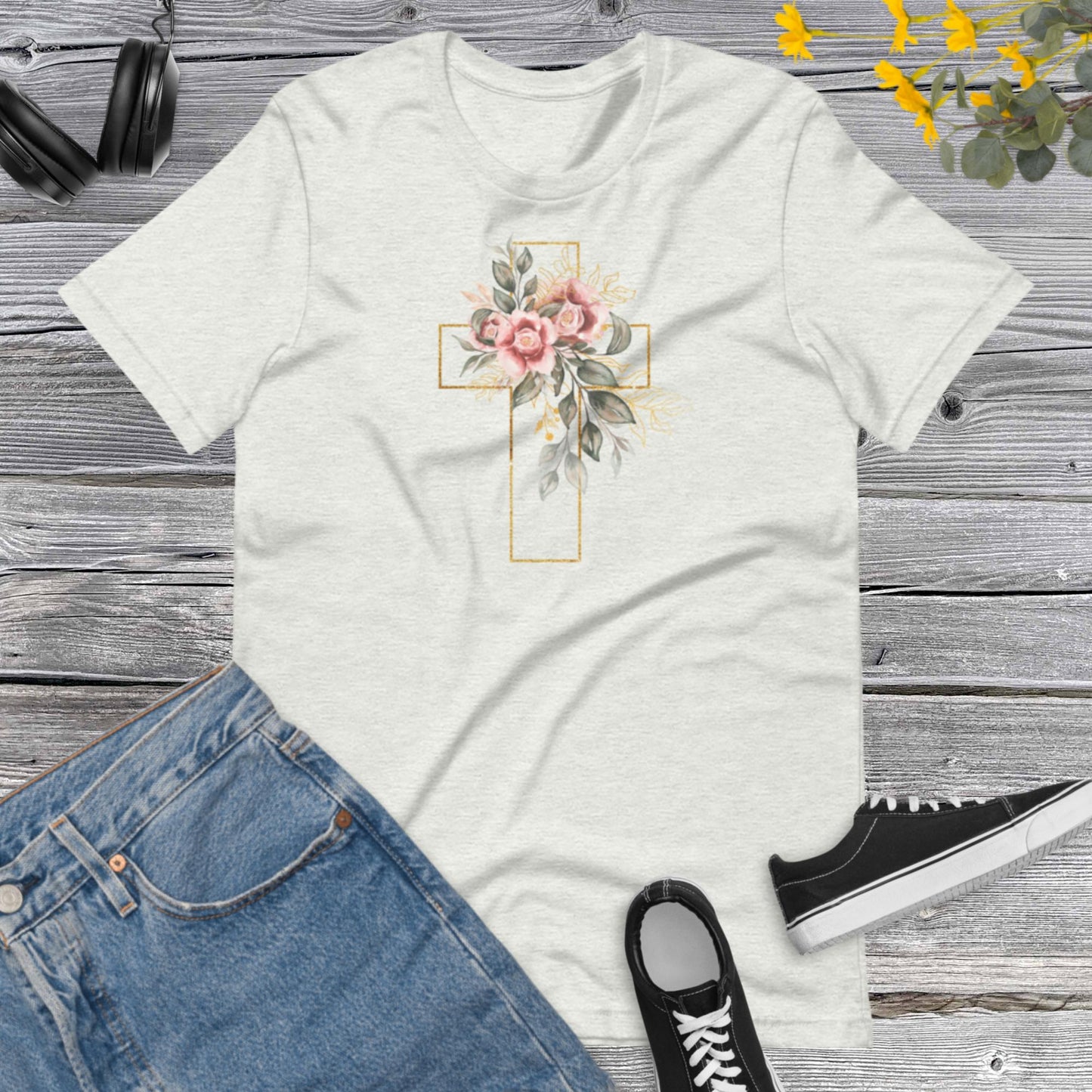 Cross Flower, Watercolor Golden Cross Pink Flowers,  Floral Tee for Women, Christian Gift Shirt, Floral Cross Graphic Unisex t-shirt