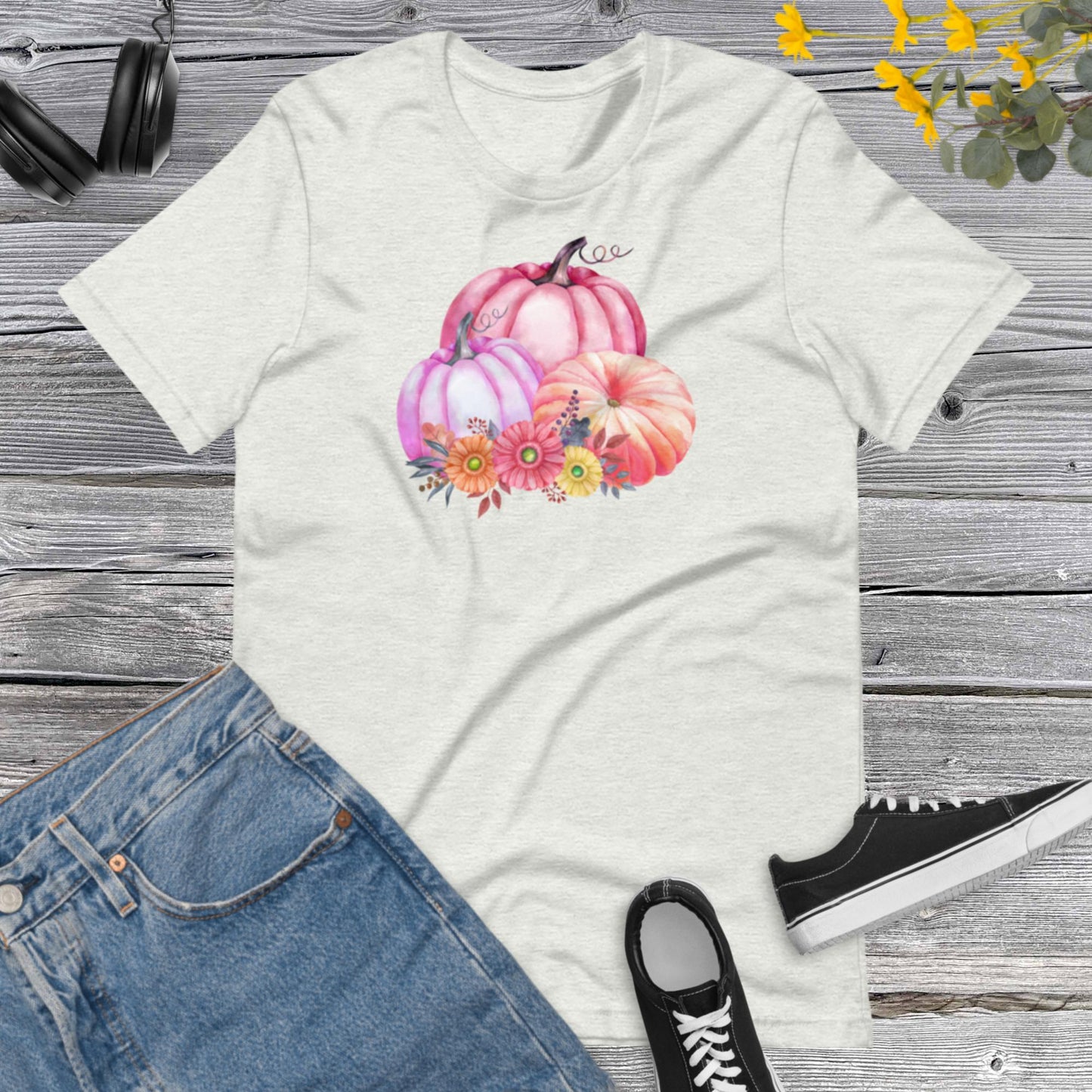 Watercolor Pumpkins Flowers, Pretty Fall Watercolor Pumpkins, Hello Fall, Pink and Orange Pumpkins Design Unisex t-shirt