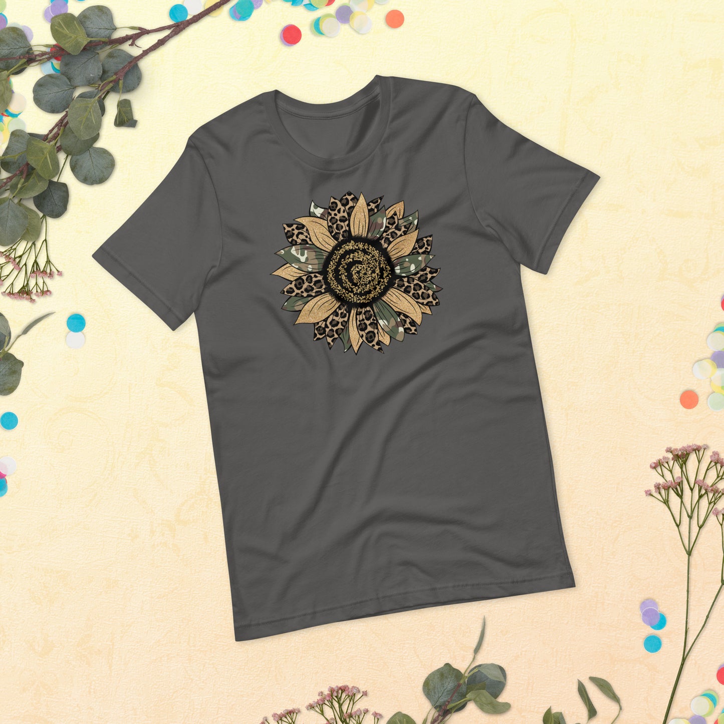 Camo Leopard Sunflower, Army Sunflower,  Sunflower Shirt, Flower Shirt, Daisy, Roses, Nature, Wildflower, Inspirational Unisex t-shirt