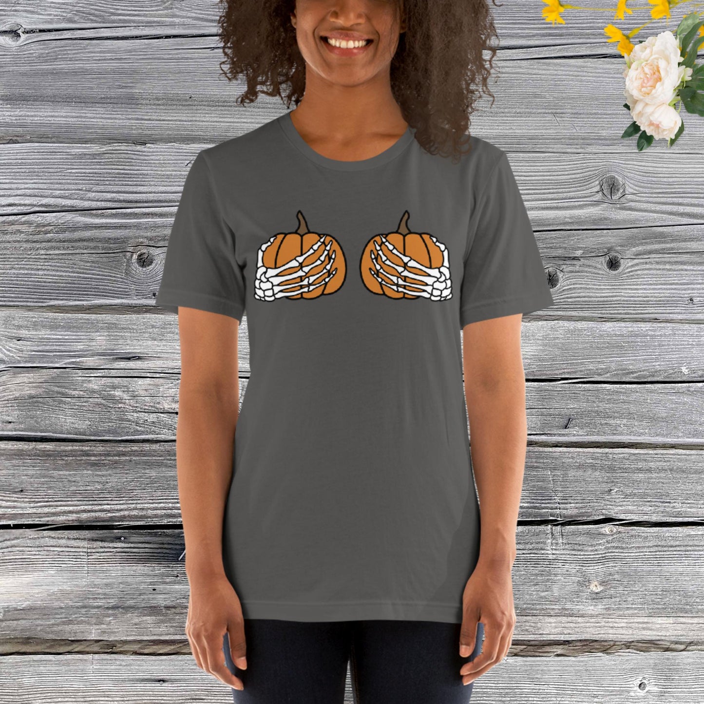 Pumpkin Boobies Shirt, Skeleton Hands Shirt, Funny Halloween Shirt, Thanksgiving Boobies Shirt, Skeleton Unisex t-shirt