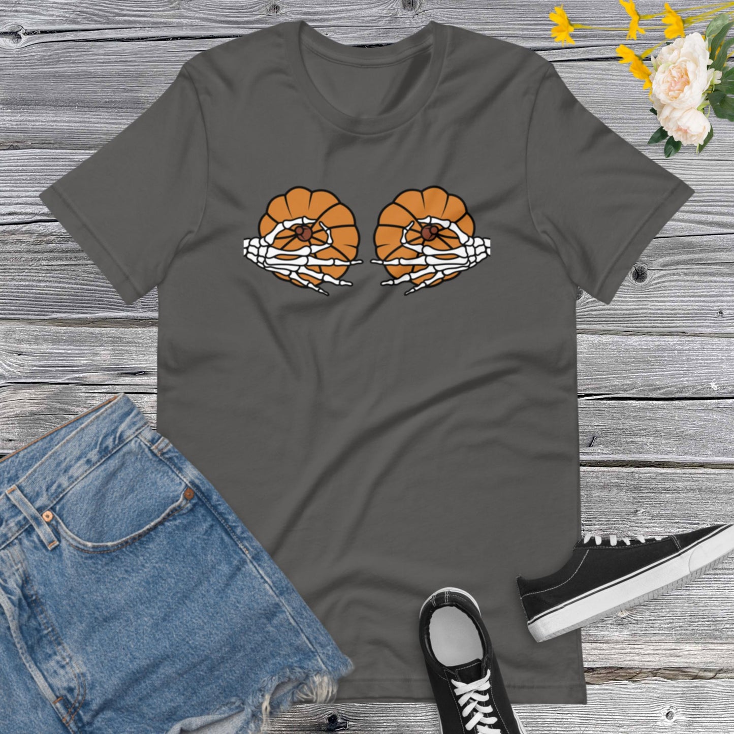 Pumpkin Boobies Shirt, Skeleton Hands Shirt, Funny Halloween Shirt, Thanksgiving Boobies Shirt, Skeleton Unisex t-shirtUnisex t-shirt