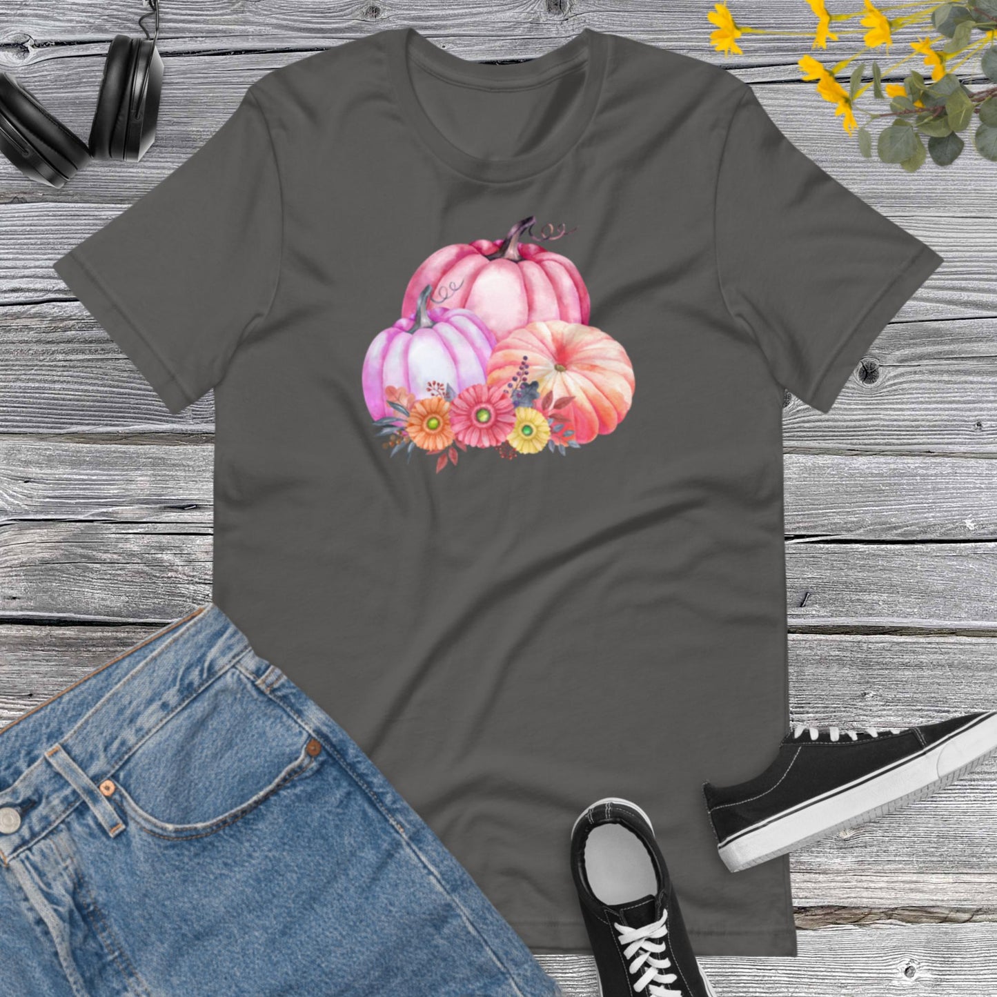 Watercolor Pumpkins Flowers, Pretty Fall Watercolor Pumpkins, Hello Fall, Pink and Orange Pumpkins Design Unisex t-shirt