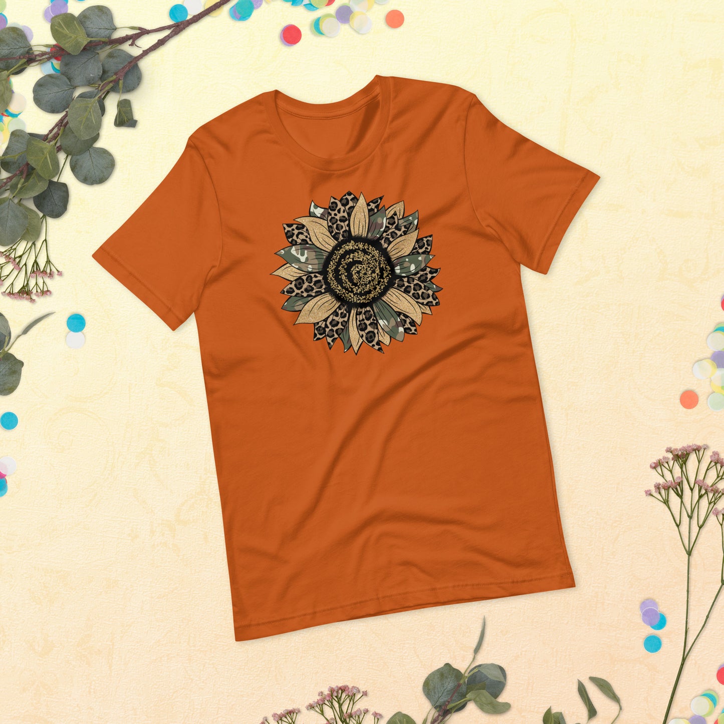 Camo Leopard Sunflower, Army Sunflower,  Sunflower Shirt, Flower Shirt, Daisy, Roses, Nature, Wildflower, Inspirational Unisex t-shirt