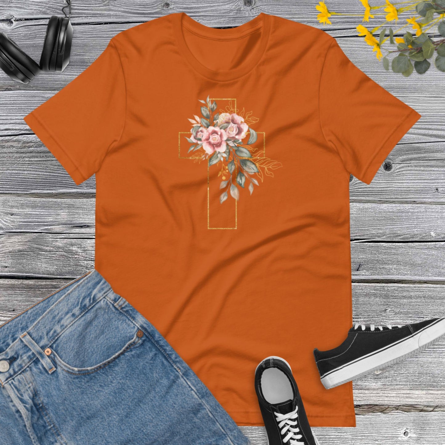 Cross Flower, Watercolor Golden Cross Pink Flowers,  Floral Tee for Women, Christian Gift Shirt, Floral Cross Graphic Unisex t-shirt