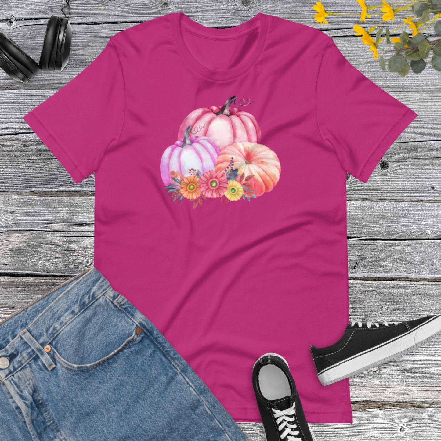 Watercolor Pumpkins Flowers, Pretty Fall Watercolor Pumpkins, Hello Fall, Pink and Orange Pumpkins Design Unisex t-shirt