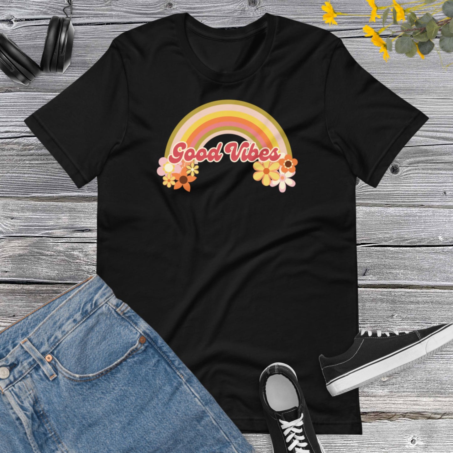 Retro Good Vibes Flowers, Raimbow flowers, Vintage Raimbow, Inspirational Positivity Shirt, Positive Feelings Unisex t-shirt