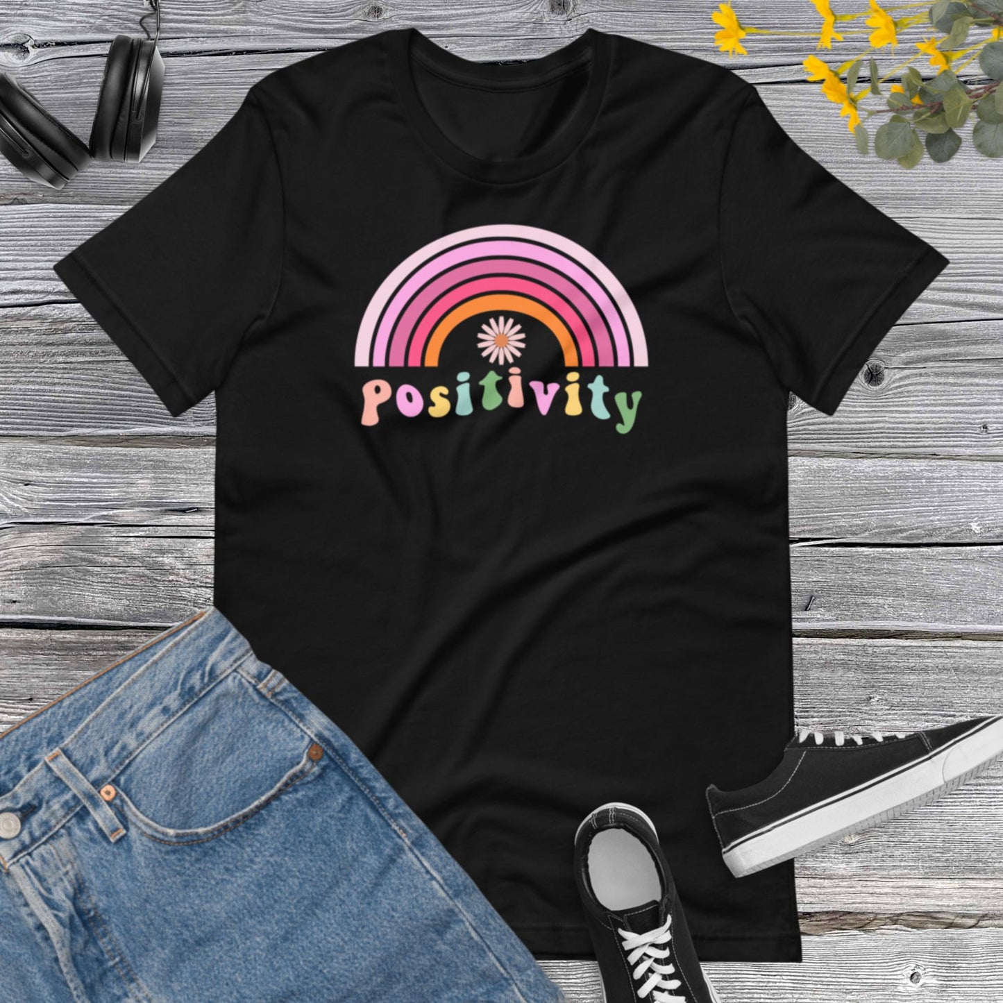 Retro Positivity shirt, Rainbow Inspirational shirt, Positive thinking, kindness shirt, Cute women apparel,  Rainbow flower Unisex t-shirt