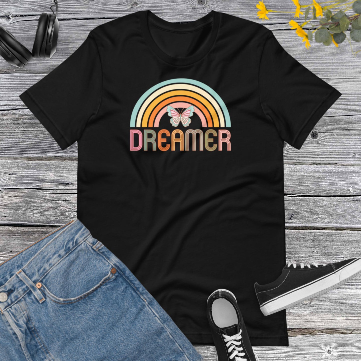 Retro Rainbow Shirt, Dreamer Tee, Butterfly Shirt, Rainbow Inspirational shirt, Positive thinking Retro Graphic Tees Unisex t-shirt