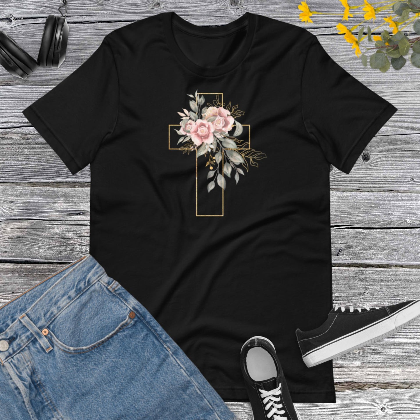 Cross Flower, Watercolor Golden Cross Pink Flowers,  Floral Tee for Women, Christian Gift Shirt, Floral Cross Graphic Unisex t-shirt