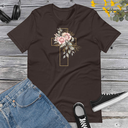 Cross Flower, Watercolor Golden Cross Pink Flowers,  Floral Tee for Women, Christian Gift Shirt, Floral Cross Graphic Unisex t-shirt