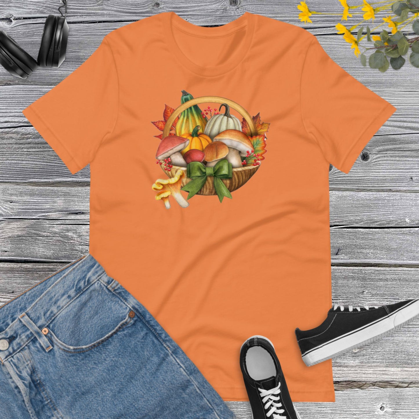 Watercolor Pumpkins and Mushroom, Basket Pretty Fall Watercolor Pumpkins, Hello Fall, Mushroom and Pumpkins Design Unisex t-shirt