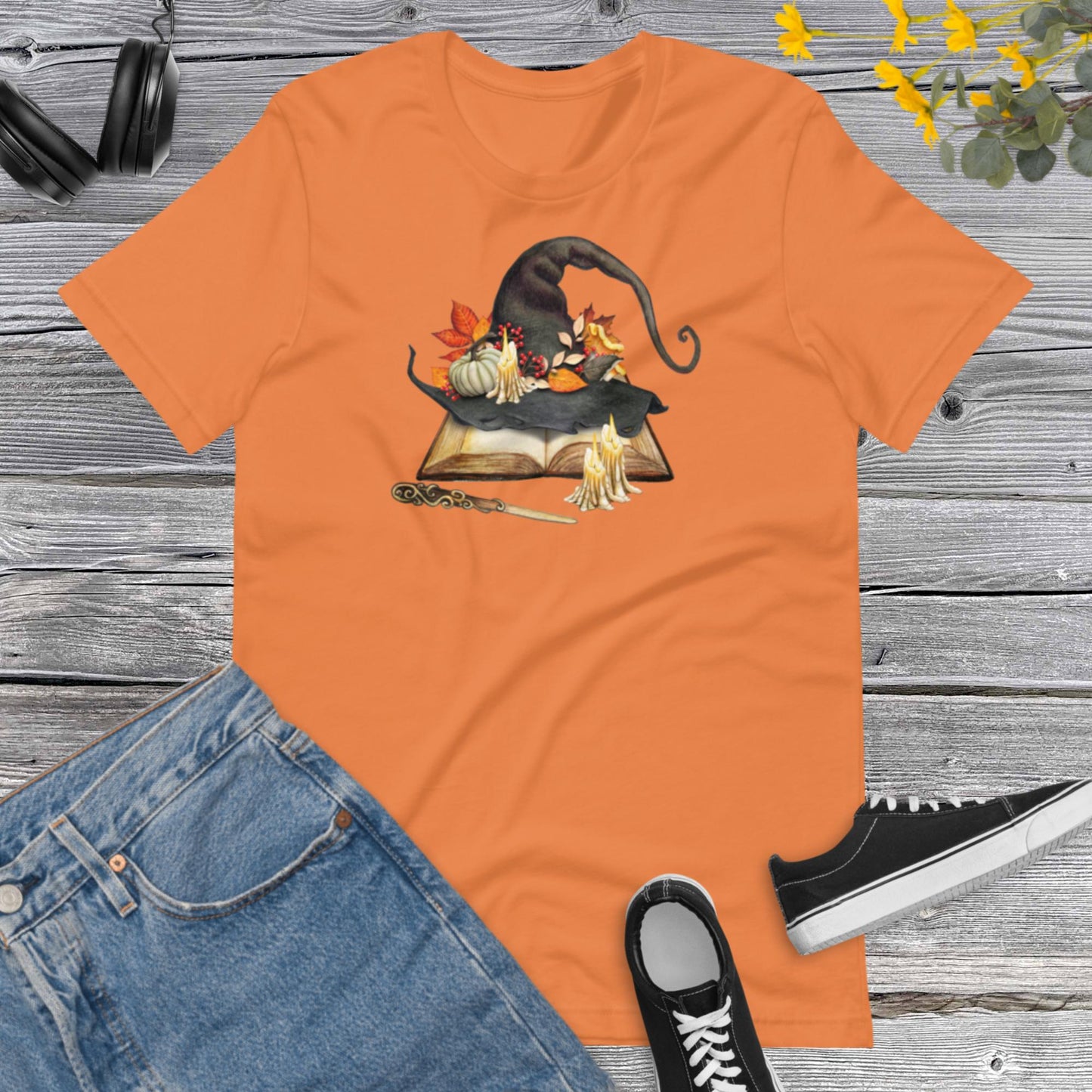 Watercolor Book Witch Hat, Happy Halloween, Fall Watercolor Pumpkins Halloween, Book Lover Gift, Witch Hat, Floral Book Unisex t-shirt