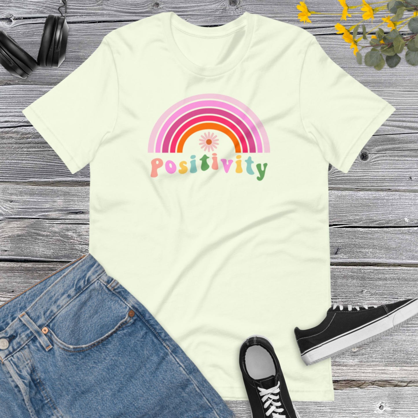 Retro Positivity shirt, Rainbow Inspirational shirt, Positive thinking, kindness shirt, Cute women apparel,  Rainbow flower Unisex t-shirt