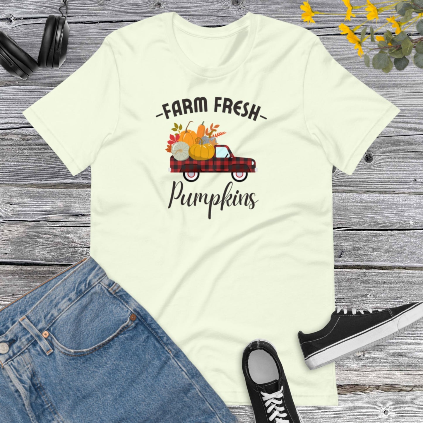 Farm Fresh Red Buffalo plaid Pickup Truck Pumpkins, Fall Truck Shirt, Pumpkin Shirt, Autumn Shirt, Fall Shirts, Thanksgiving Unisex t-shirt