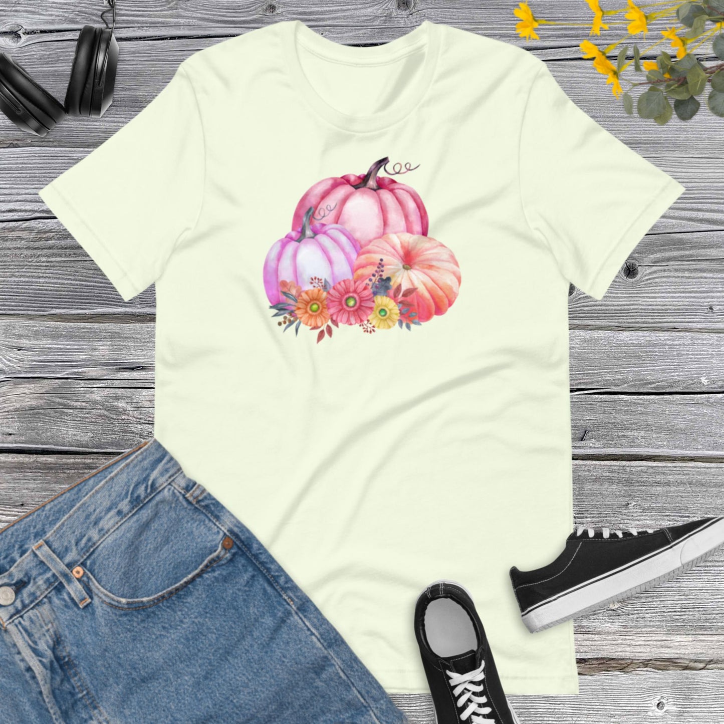 Watercolor Pumpkins Flowers, Pretty Fall Watercolor Pumpkins, Hello Fall, Pink and Orange Pumpkins Design Unisex t-shirt