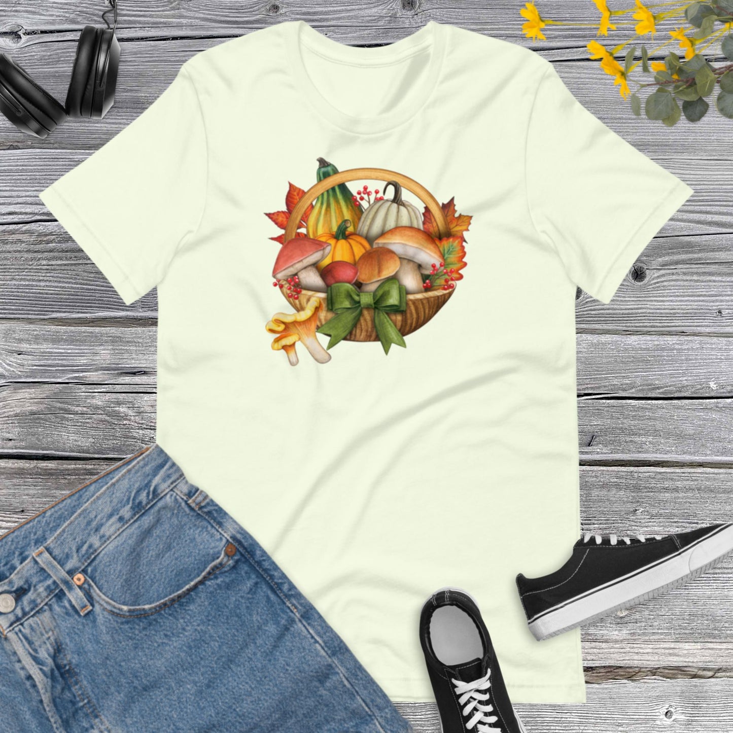 Watercolor Pumpkins and Mushroom, Basket Pretty Fall Watercolor Pumpkins, Hello Fall, Mushroom and Pumpkins Design Unisex t-shirt