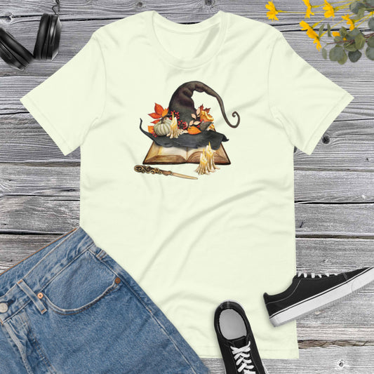 Watercolor Book Witch Hat, Happy Halloween, Fall Watercolor Pumpkins Halloween, Book Lover Gift, Witch Hat, Floral Book Unisex t-shirt