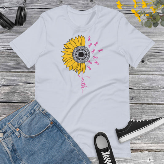 Awareness  Sunflower Faith,  Breast Cancer,  Vertical Cross, Faith Cross, Floral Shirt, Inspirational Unisex t-shirt